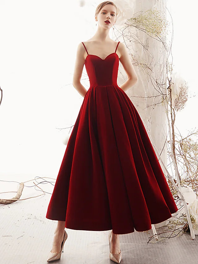 Wholesa A-Line Prom Dresses Beautiful Back Dress Party Wear Ankle Length Sleeveless Spaghetti Strap Velvet with Sleek Pleats