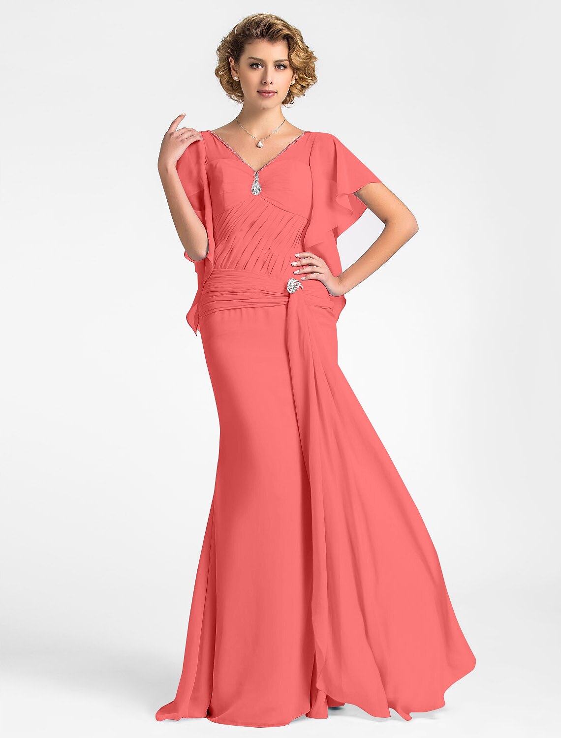wholesale Mermaid / Trumpet Mother of the Bride Dress Vintage Inspired V Neck Floor Length Chiffon Short Sleeve with Beading Side Draping Crystal Brooch