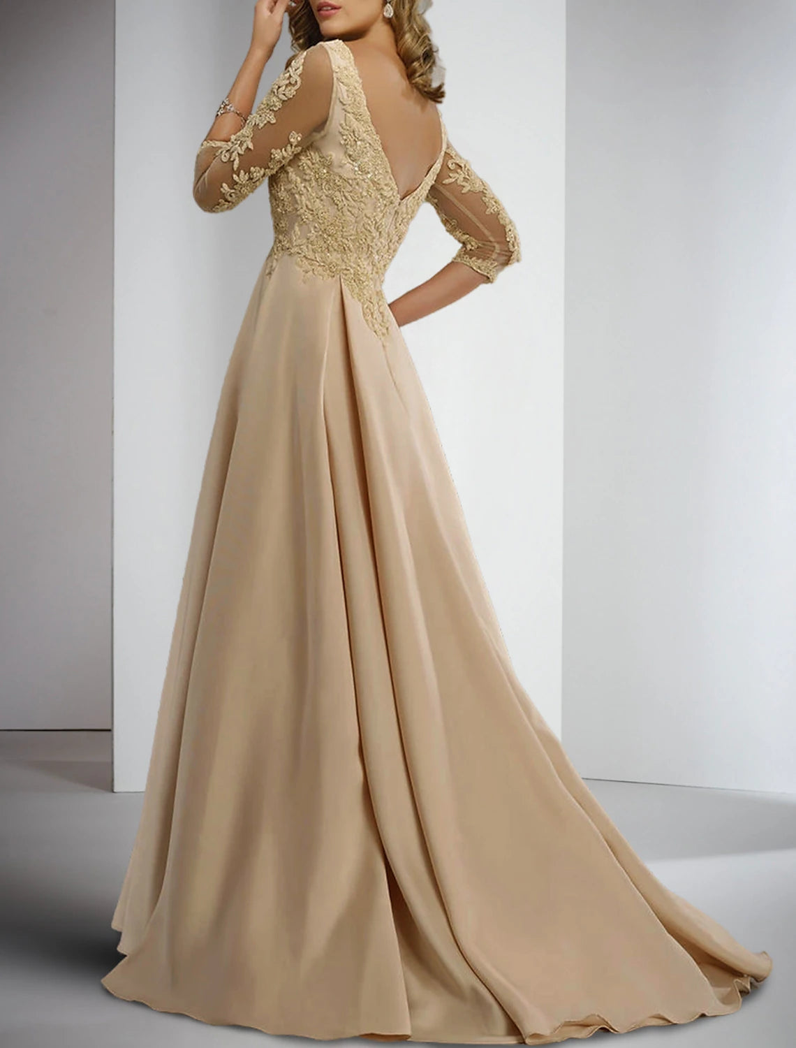 Wholesa Sheath / Column Mother of the Bride Dress Formal Wedding Guest Elegant V Neck Floor Length Satin Lace 3/4 Length Sleeve with Appliques