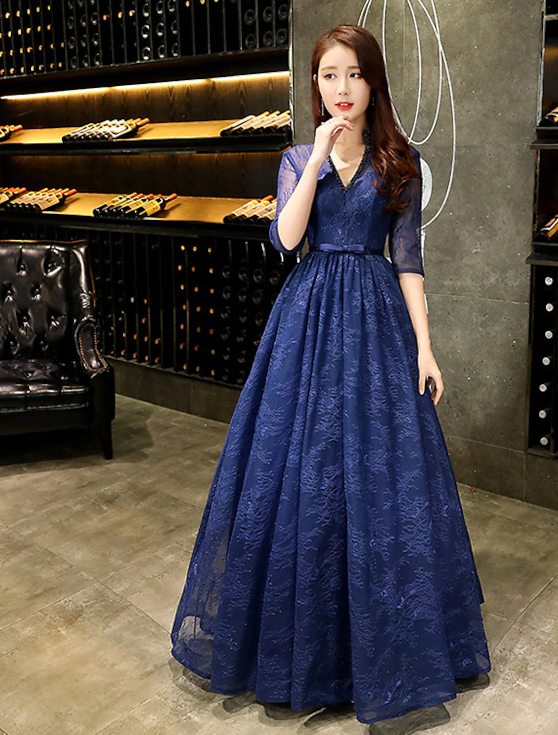 Wholesa A-Line Evening Gown Beautiful Back Dress Wedding Guest Floor Length Half Sleeve V Neck Lace with Beading