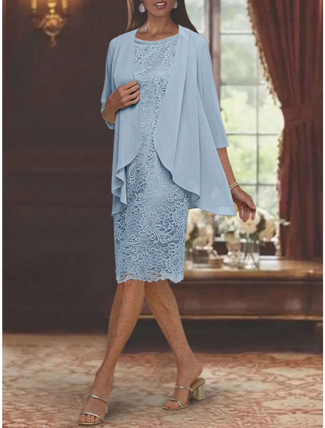 Wholesa Two Piece Sheath / Column Mother of the Bride Dress Formal Wedding Guest Elegant Jewel Neck Tea Length Lace 3/4 Length Sleeve Jacket Dresses with Beading Appliques