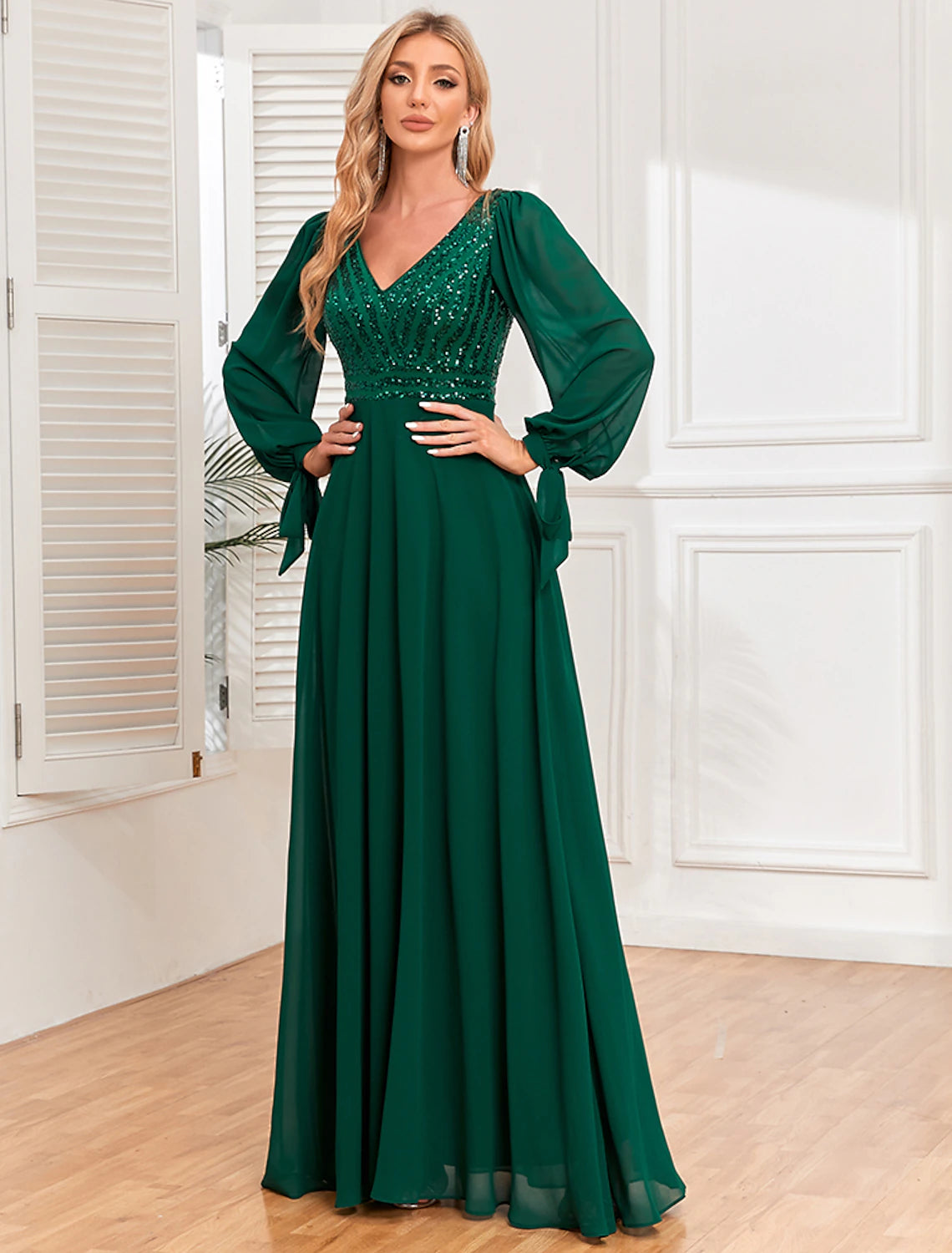 wholesale A-Line Evening Gown Empire Dress Evening Party Wedding Reception Floor Length Long Sleeve V Neck Fall Wedding Guest Chiffon V Back with Sequin
