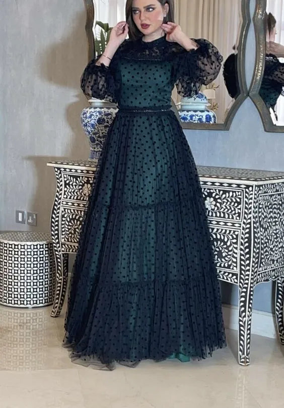 High‑Neck Dark‑Green Polka‑Dot‑Tulle Puff‑Sleeve Tiered‑A‑Line Floor‑Length Prom Dress