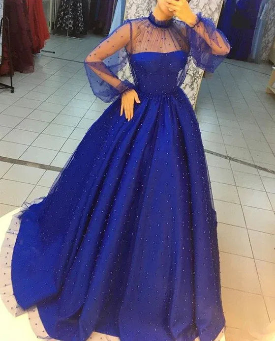 High‑Neck Royal‑Blue Beaded‑Tulle Puffy‑Sleeve Ball‑Gown Prom Dress