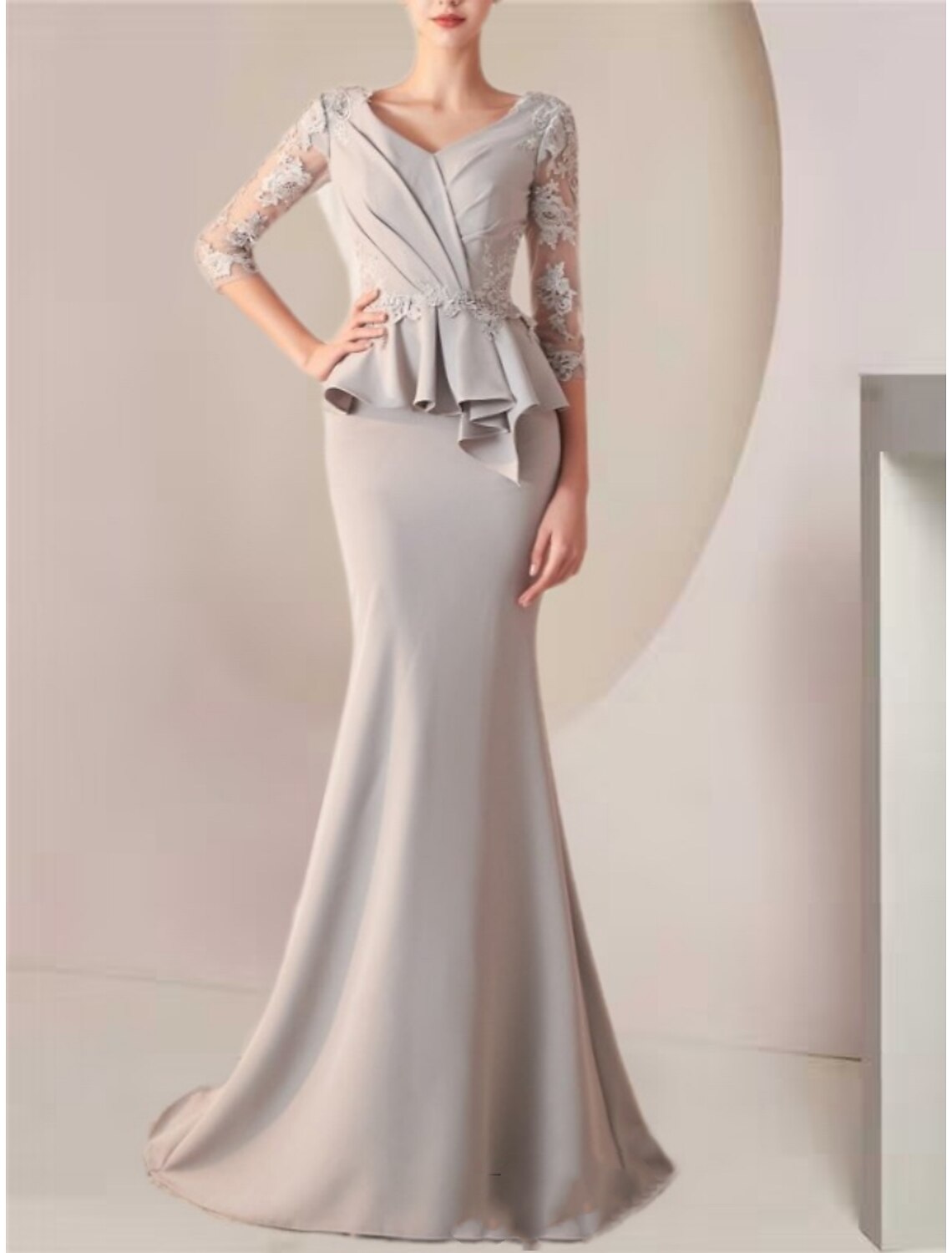 Wholesa Mermaid / Trumpet Mother of the Bride Dress Wedding Guest Elegant V Neck Sweep / Brush Train Stretch Fabric Half Sleeve with Lace Ruching