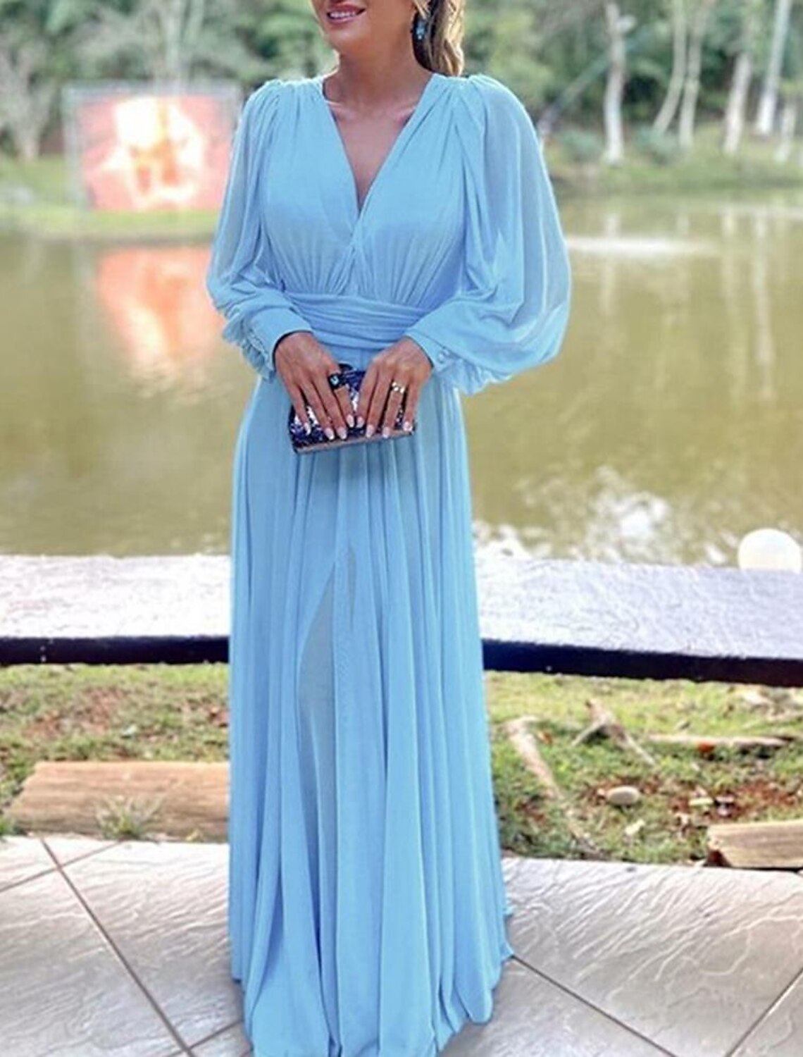Wholesa Jumpsuit / Pantsuit Mother of the Bride Dress Formal Wedding Guest Elegant V Neck Floor Length Chiffon Long Sleeve with Pleats Ruched