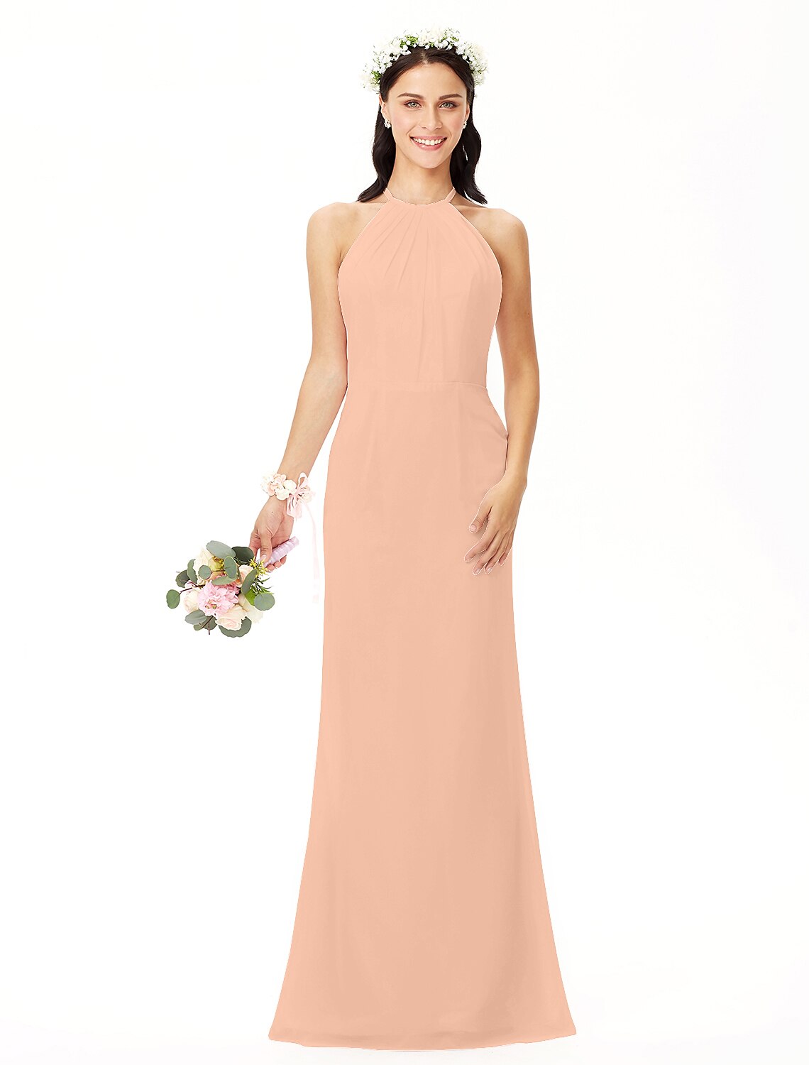 wholesale  Sheath / Column Bridesmaid Dress Jewel Neck Sleeveless Elegant Floor Length Chiffon with Pleats