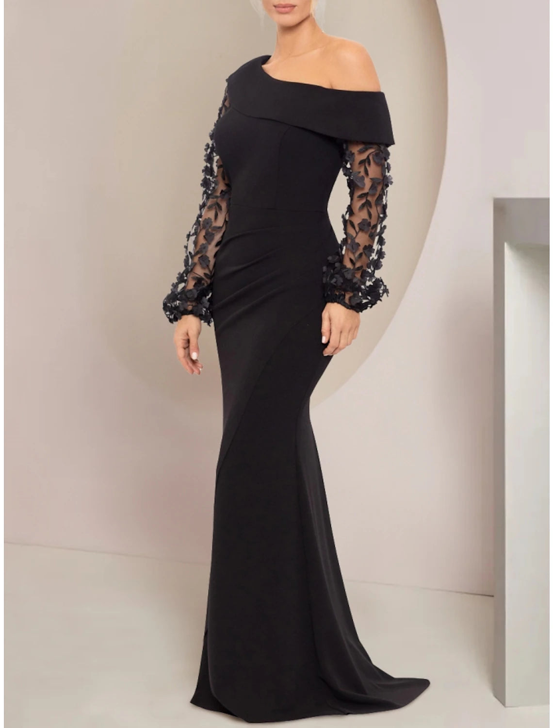 Wholesa A-Line Mother of the Bride Dress Wedding Guest Elegant Off Shoulder Sweep / Brush Train Stretch Chiffon Long Sleeve with Ruched Appliques