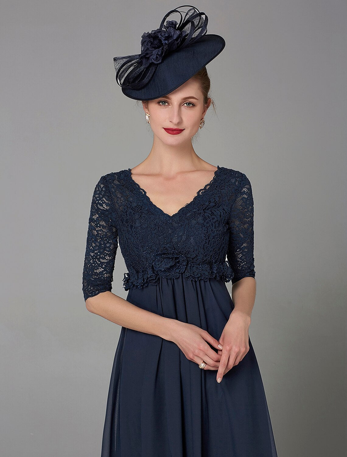 wholesale   A-Line Mother of the Bride Dress Elegant & Luxurious V Neck Floor Length Chiffon Lace Half Sleeve with Lace Bow(s)