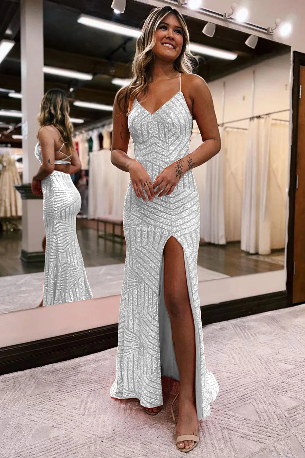 Wholesa Sparkly Open Back Sequins Long Prom Dress with Slit