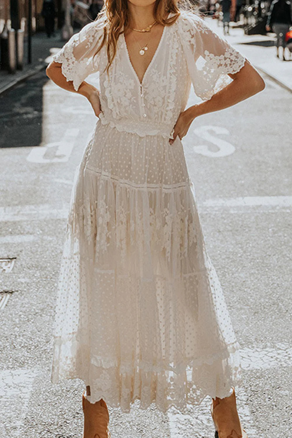 Wholesa A Line Long Boho Lace Engagement Party Dress