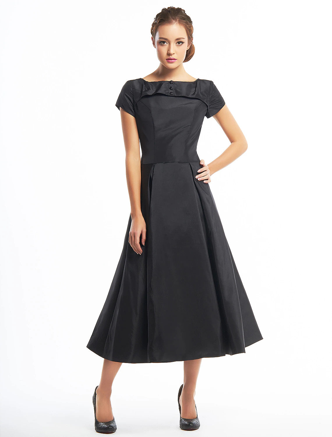 Wholesa  A-Line Black Dress Vintage Homecoming Wedding Guest Tea Length Short Sleeve Boat Neck Taffeta with Buttons