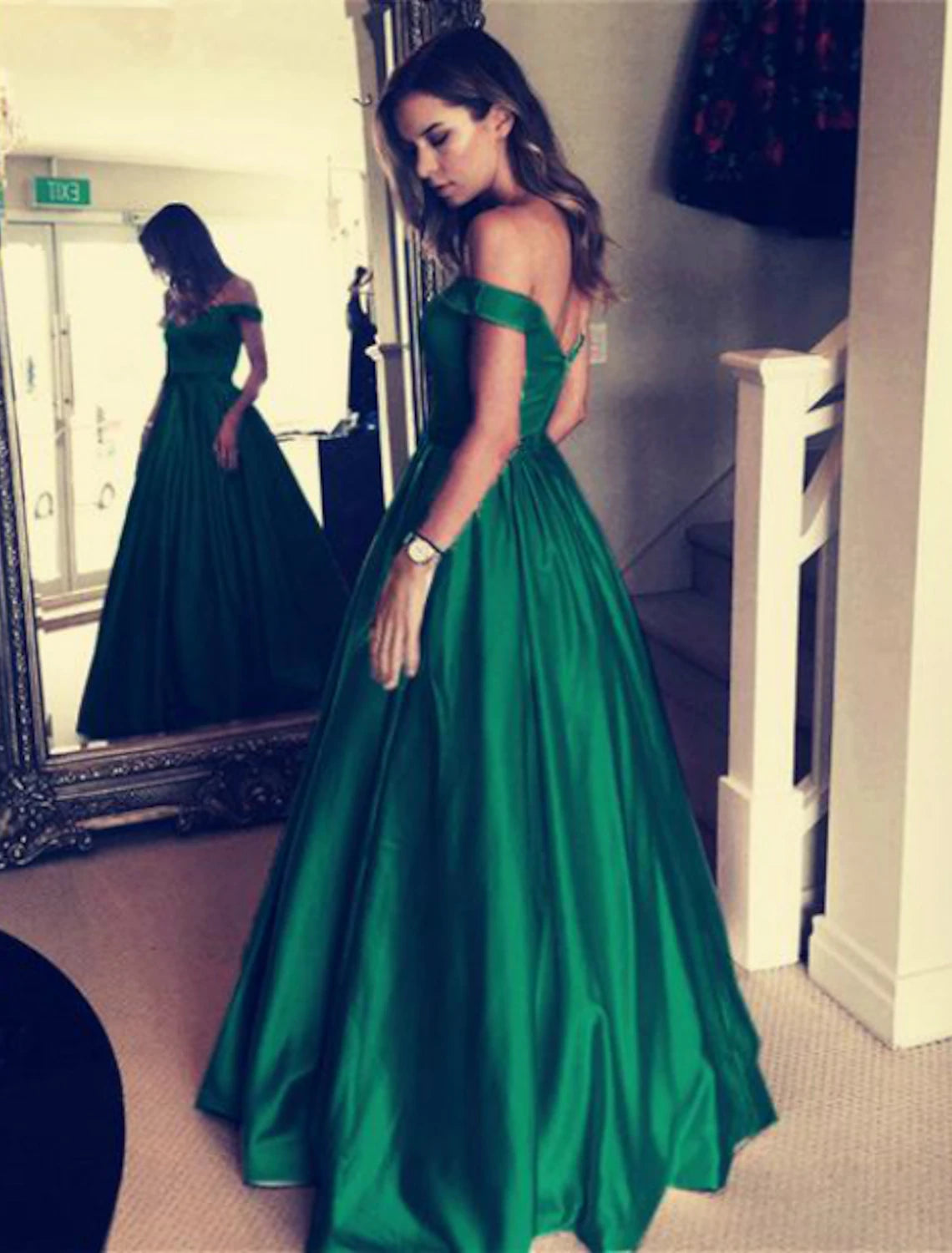 wholesa Ball Gown Elegant Prom Formal Evening Dress Off Shoulder Backless Short Sleeve Floor Length Satin with Pleats Beading