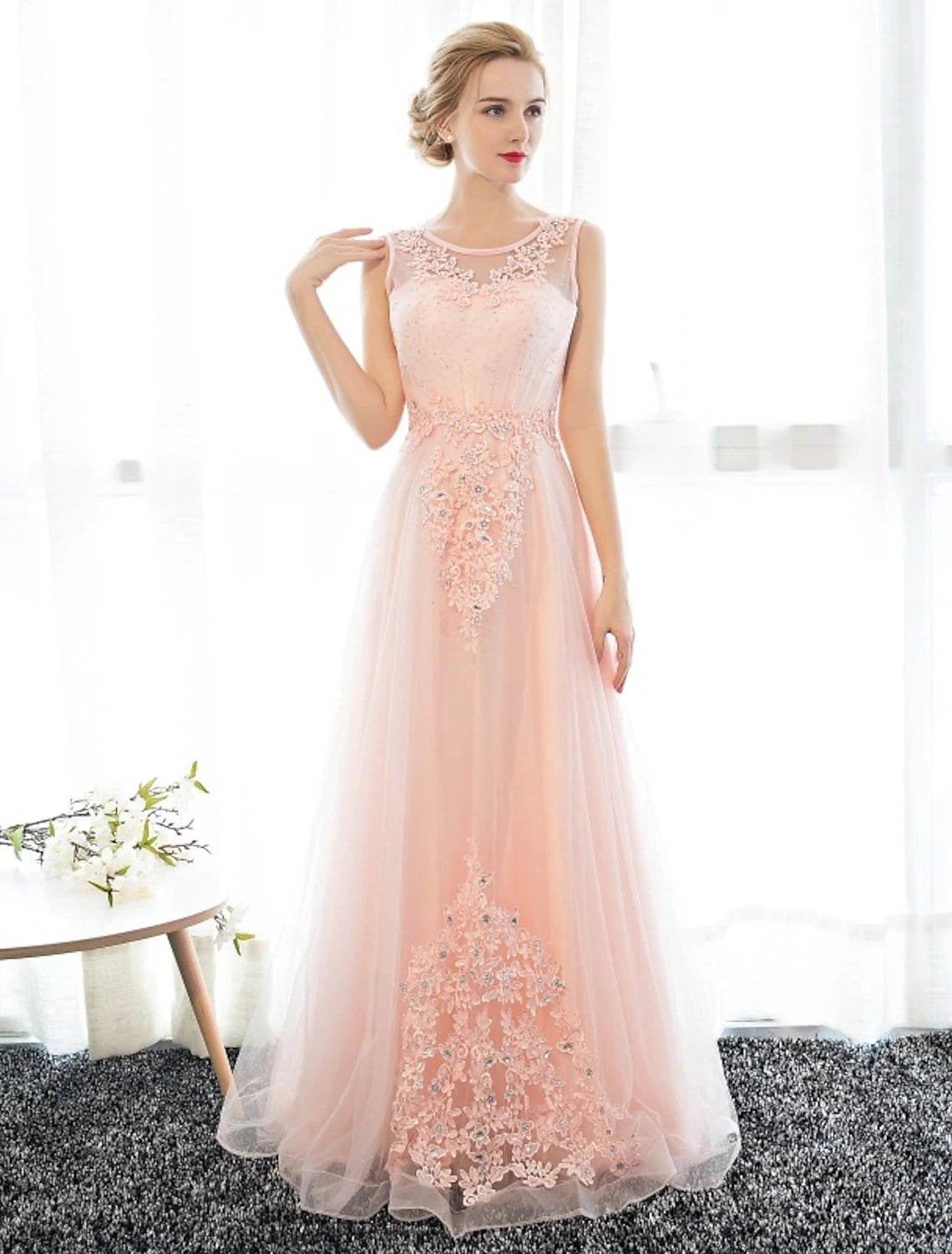 Wholesa Sheath / Column Dress Wedding Guest Prom Floor Length Sleeveless Illusion Neck Satin with Crystals Appliques