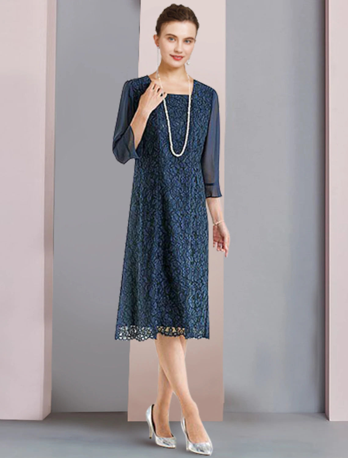 wholesale  Two Piece Sheath / Column Mother of the Bride Dress Formal Wedding Guest Elegant Scoop Neck Tea Length Chiffon Lace 3/4 Length Sleeve Jacket Dresses with Flower