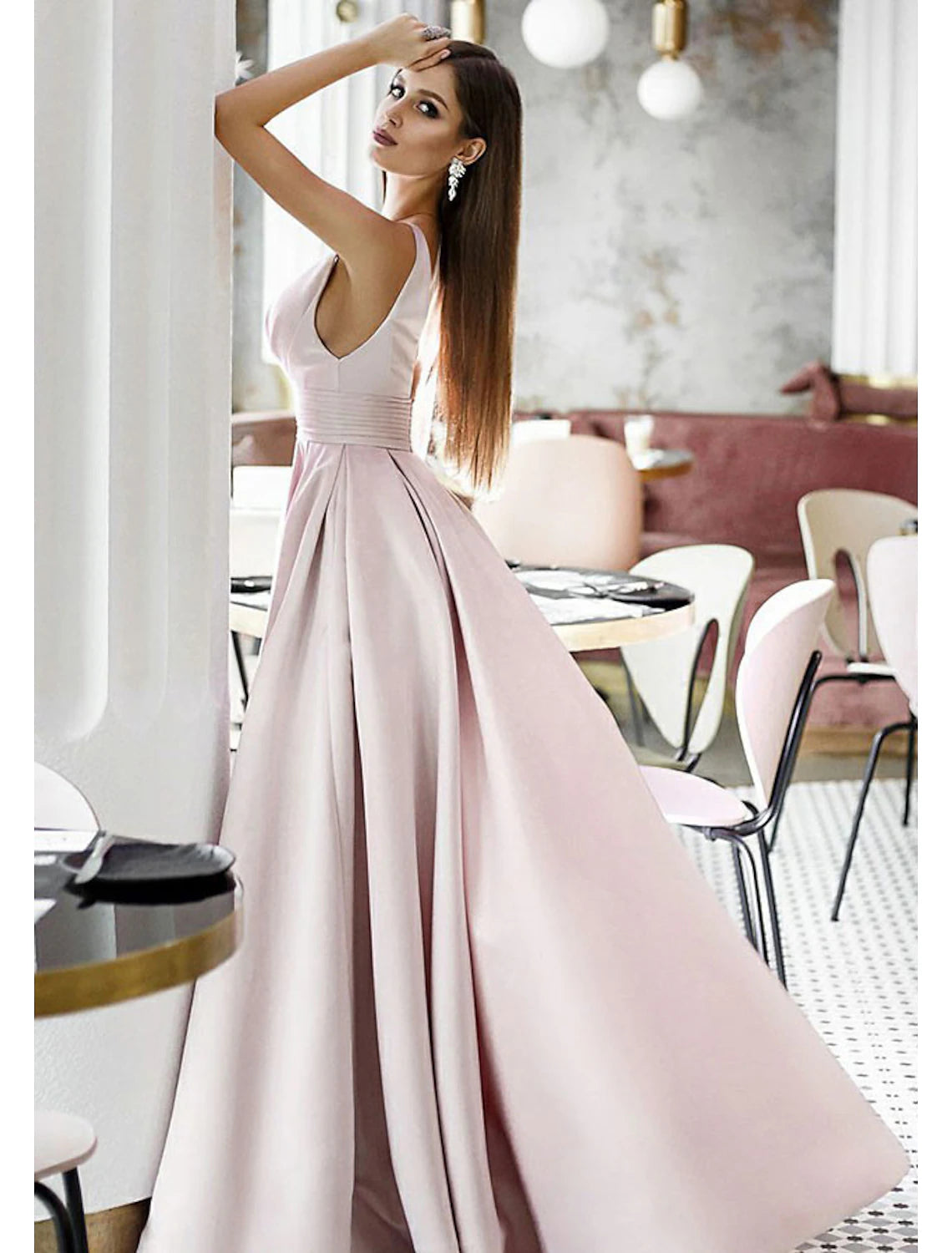 Wholesa A-Line Elegant Engagement Formal Evening Dress V Neck Sleeveless Sweep / Brush Train Satin with Pleats