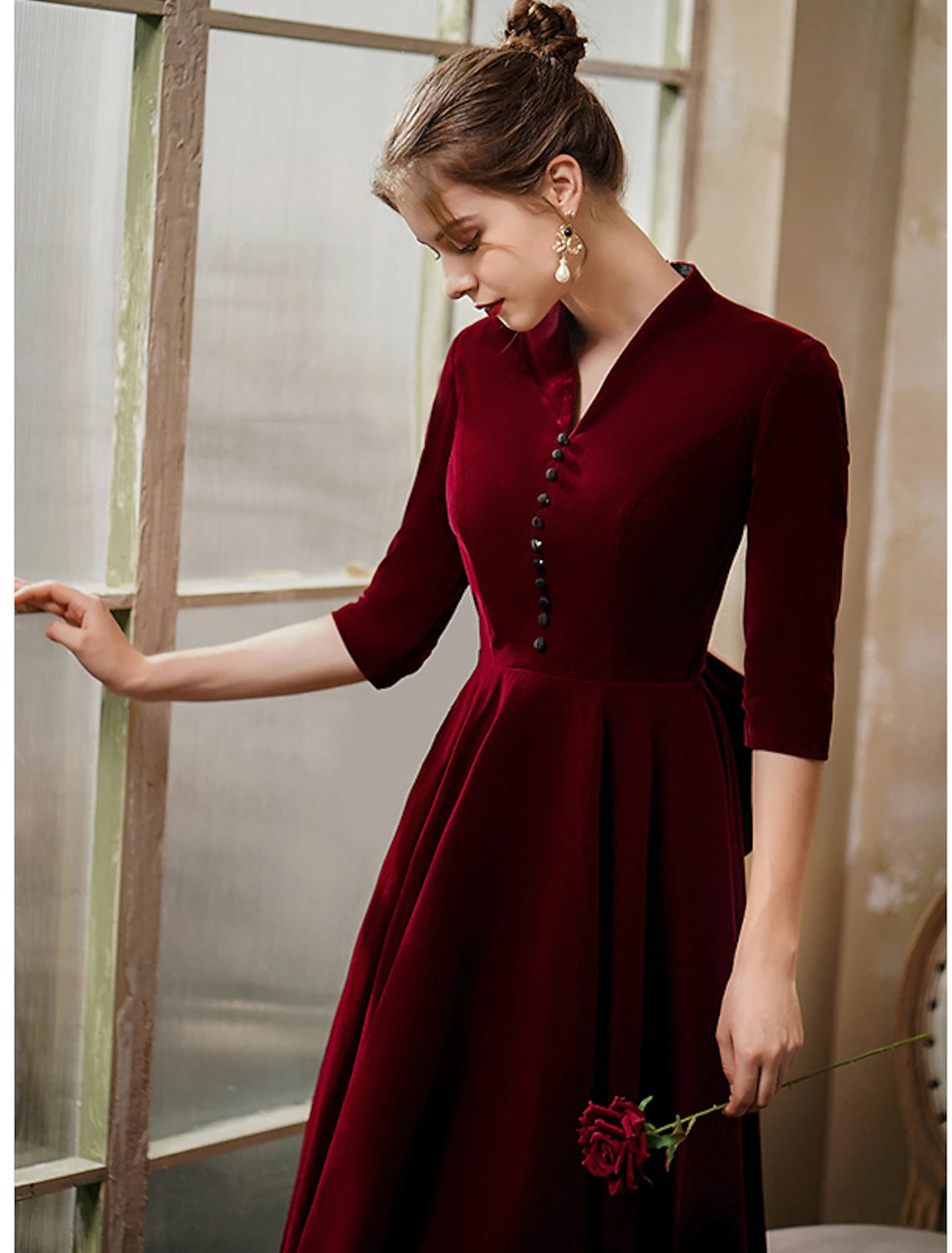 Wholesa A-Line Cocktail Dresses Vintage Dress Wedding Guest Party Wear Tea Length Half Sleeve V Neck Fall Wedding Guest Velvet with Sleek