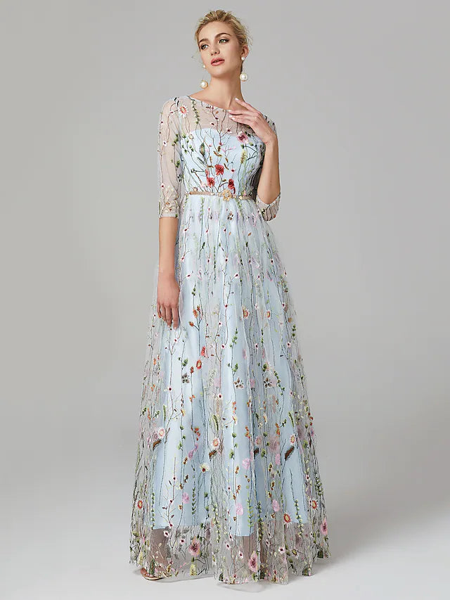 Wholesa A-Line Evening Gown Elegant Dress Holiday Floor Length 3/4 Length Sleeve Illusion Neck Lace with Embroidery