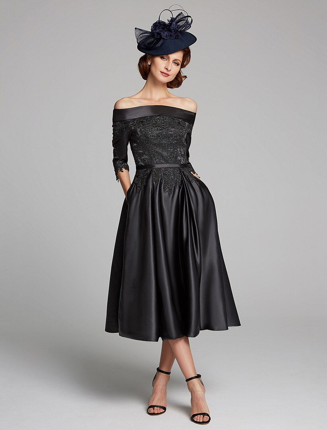 wholesale  A-Line Mother of the Bride Dress Plus Size Sexy Off Shoulder Tea Length Satin Lace 3/4 Length Sleeve with Lace Sash / Ribbon