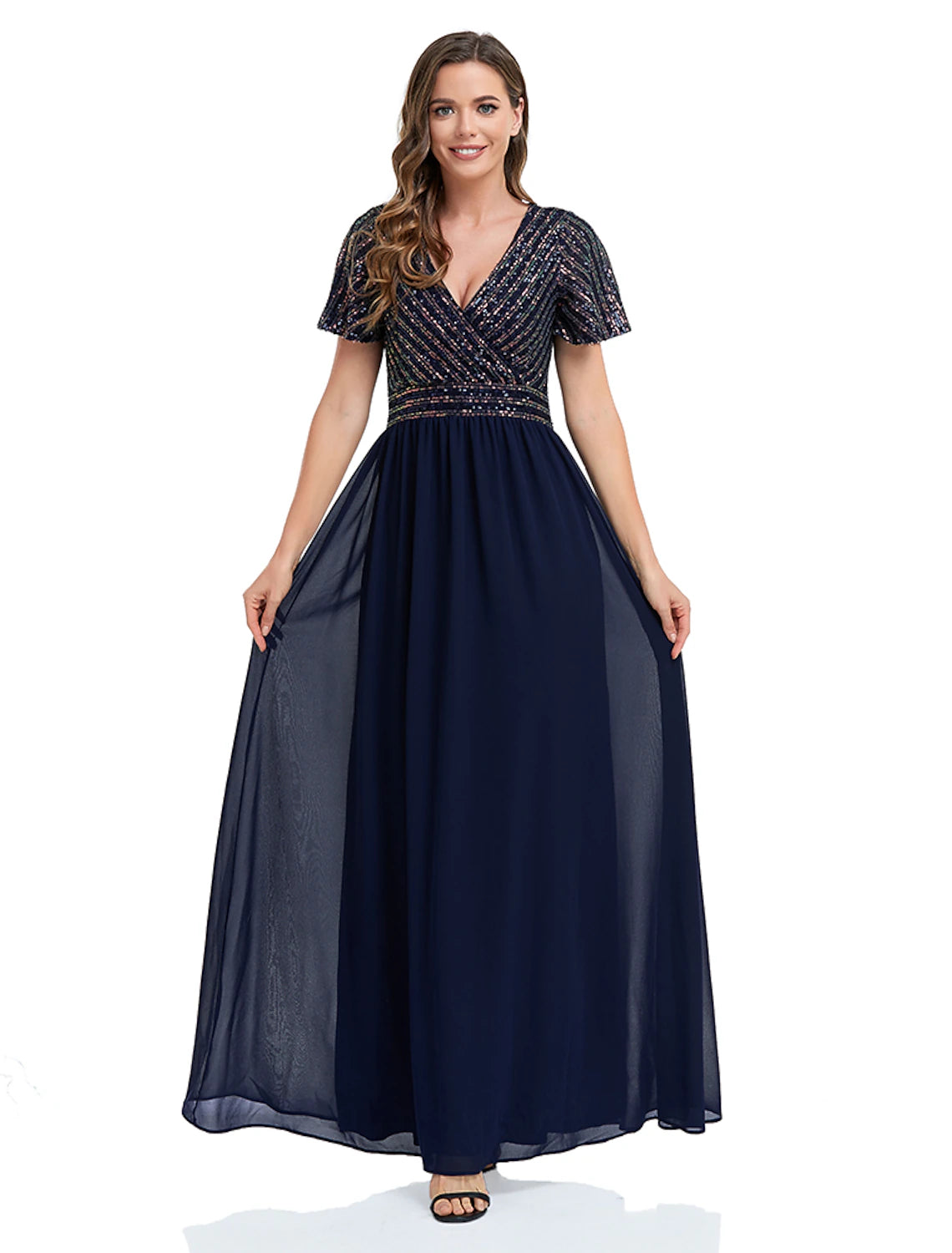 wholesale  A-Line Mermaid / Trumpet Evening Gown Sparkle & Shine Dress Christmas Wedding Guest Floor Length Short Sleeve V Neck Sequined with Sequin