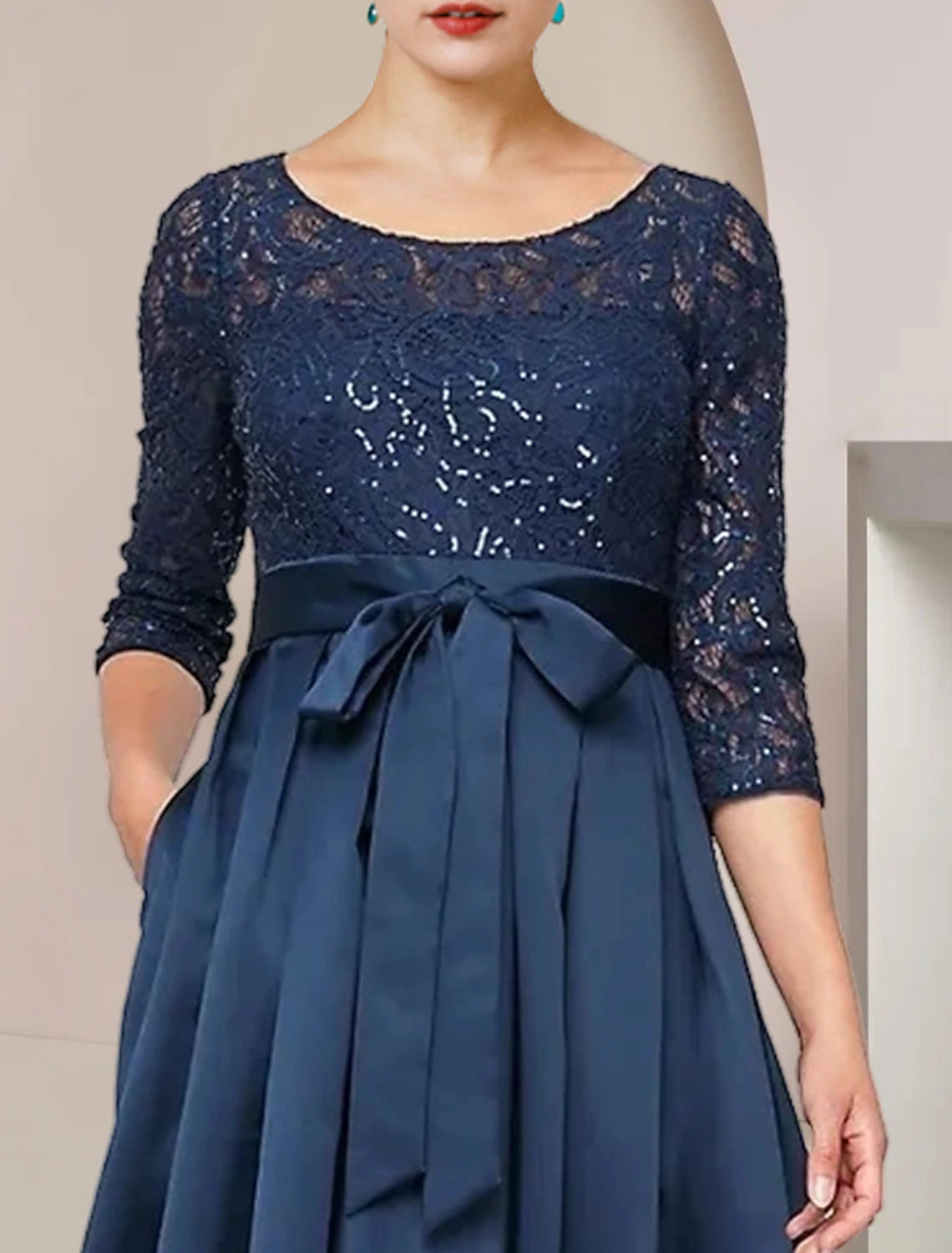 wholesale  A-Line Mother of the Bride Dress Wedding Guest Elegant High Low Scoop Neck Asymmetrical Tea Length Lace Taffeta 3/4 Length Sleeve with Bow(s) Pleats