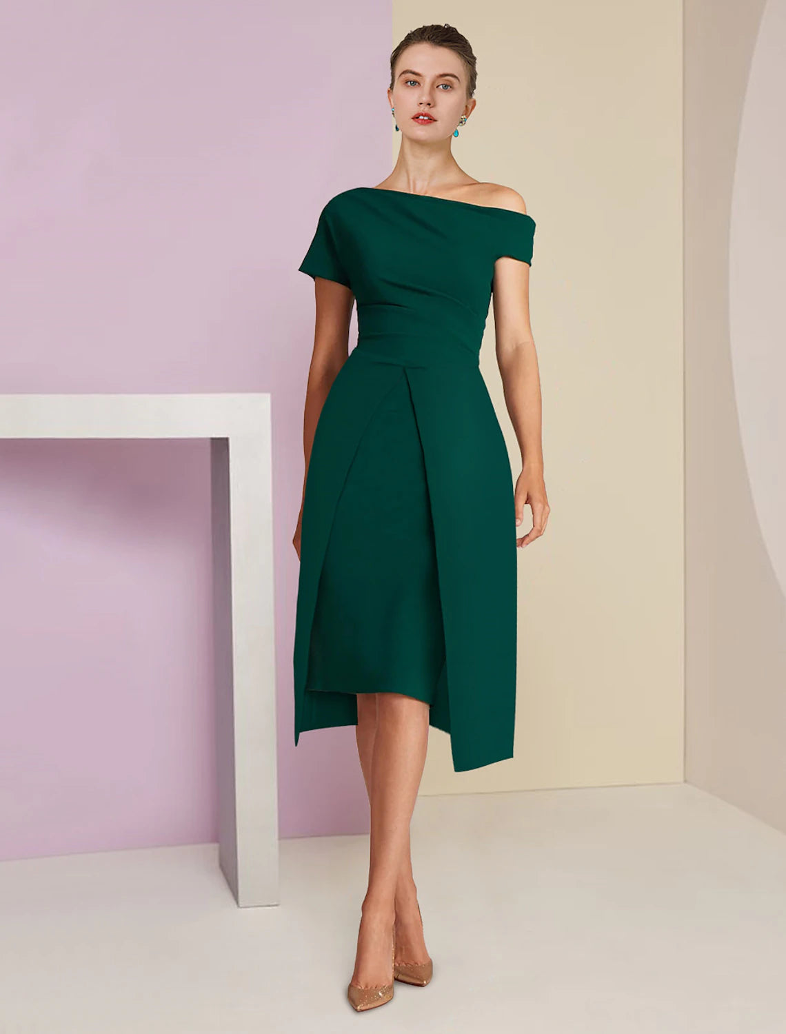 Wholesa  A-Line Sheath / Column Mother of the Bride Dress Formal Wedding Guest Elegant One Shoulder Tea Length Sequined Stretch Fabric Short Sleeve with Solid Color