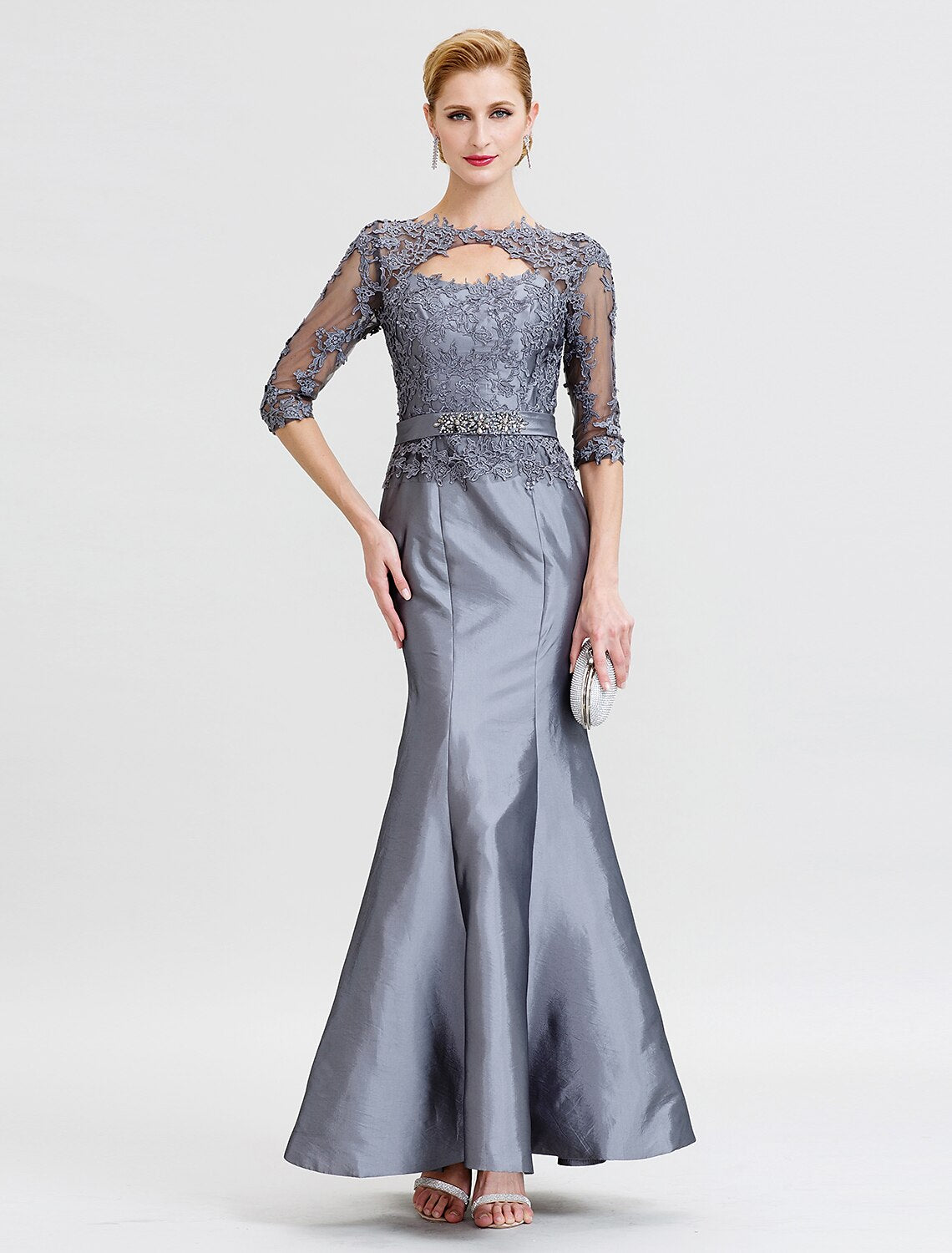 wholesale  Mermaid / Trumpet Mother of the Bride Dress Beautiful Back See Through Illusion Detail Jewel Neck Floor Length Taffeta Corded Lace 3/4 Length Sleeve with Beading