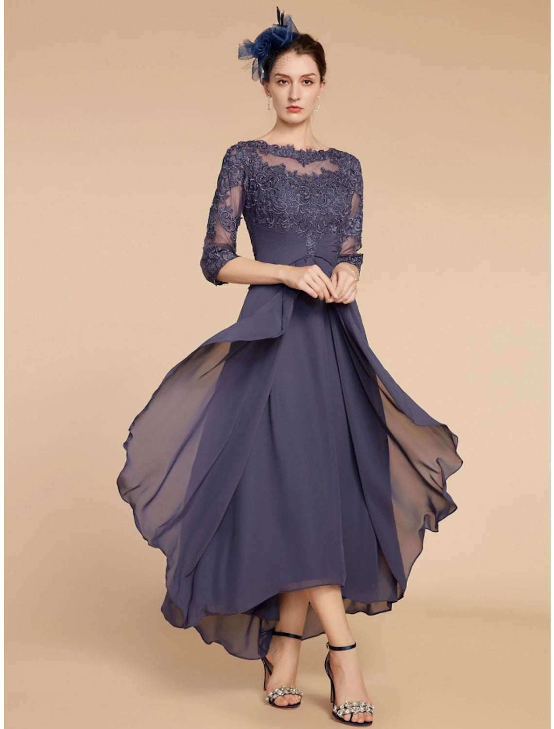Wholesa  A-Line Mother of the Bride Dress Wedding Guest Elegant Scoop Neck Ankle Length Chiffon Lace 3/4 Length Sleeve with Ruching Solid Color