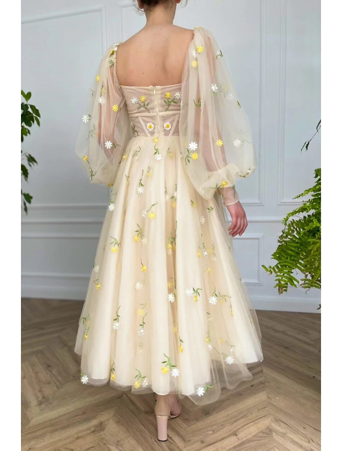 Wholesa A-Line Prom Party Dress Floral Dress Wedding Guest Engagement Ankle Length Long Sleeve Sweetheart Lace Backless with Pleats Ruched