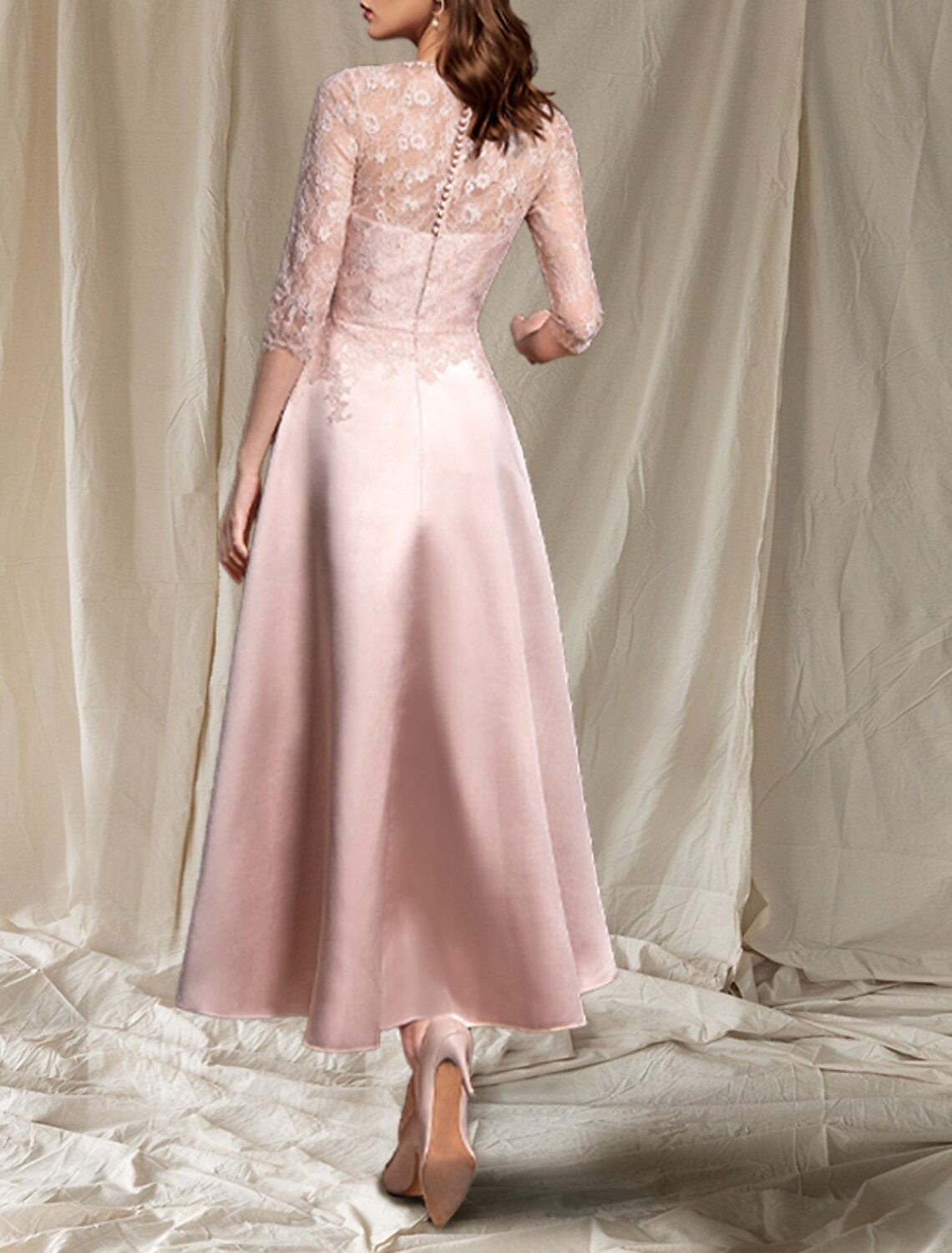 wholesale   A-Line Mother of the Bride Dress Elegant Jewel Neck Tea Length Satin Lace Half Sleeve with Pleats