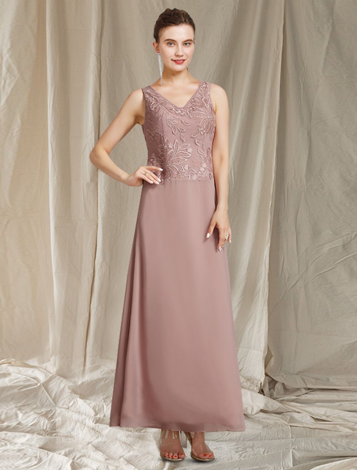 wholesale  Two Piece Sheath / Column Mother of the Bride Dress Elegant V Neck Ankle Length Chiffon Lace Sleeveless Wrap Included with Beading Appliques