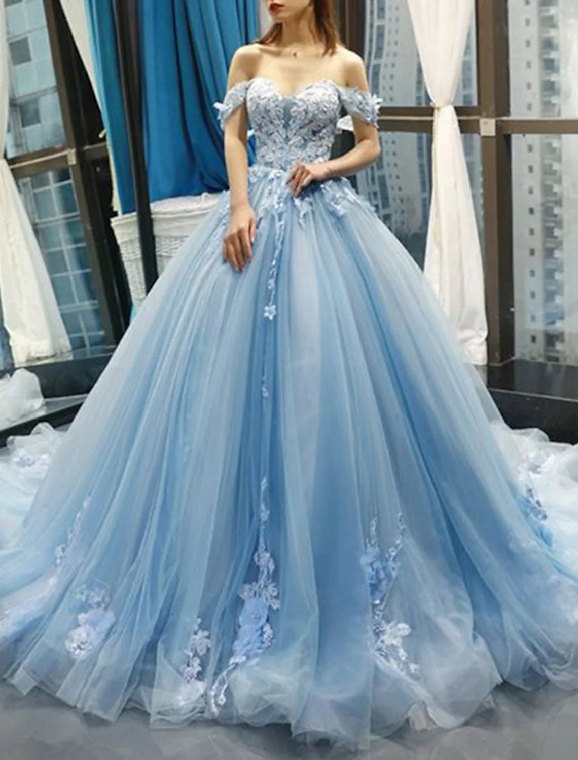 Wholesa Ball Gown Prom Dresses Floral Dress Quinceanera Court Train Short Sleeve Sweetheart Lace with Pleats Appliques