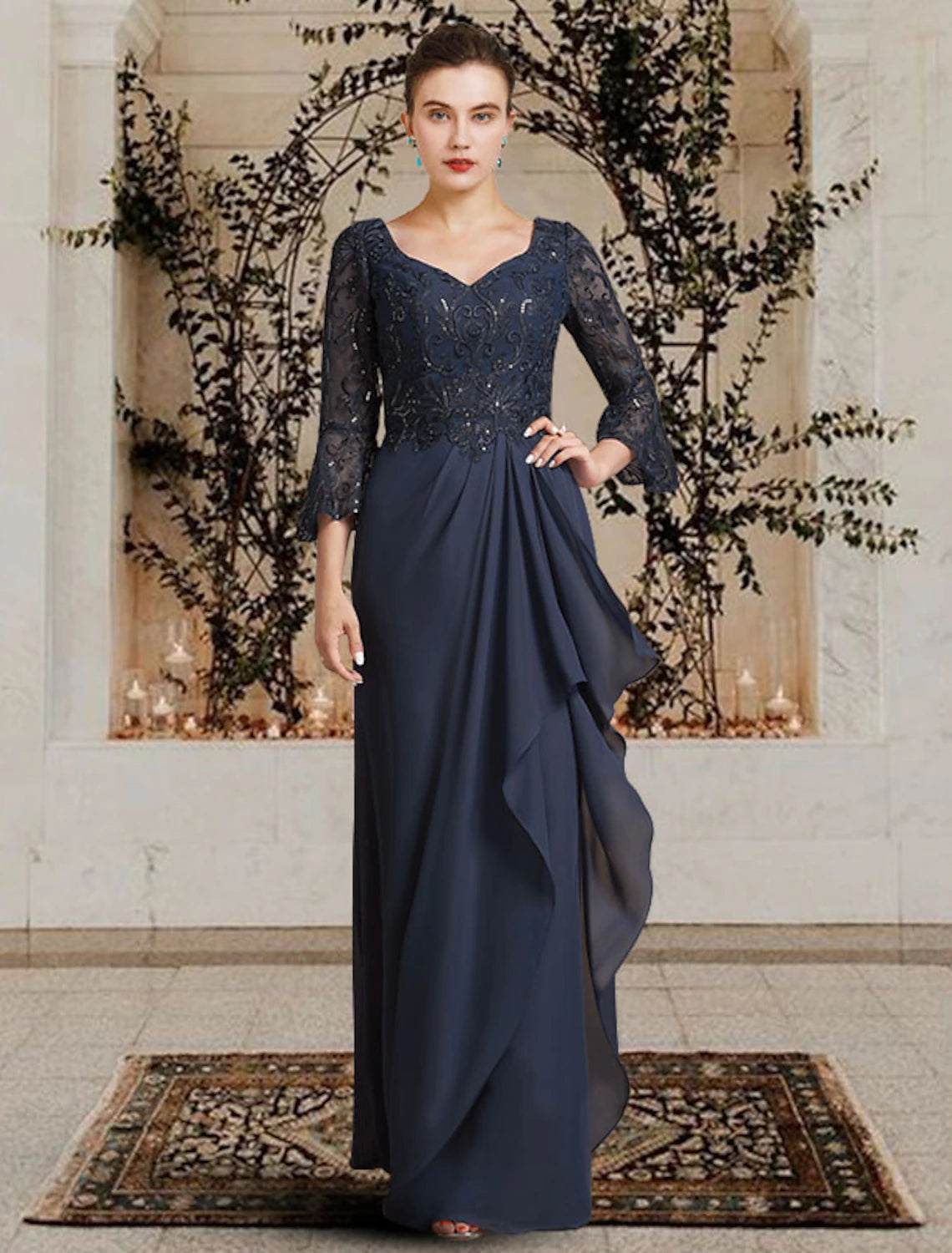 wholesale   Sheath / Column Mother of the Bride Dress Elegant V Neck Floor Length Chiffon Lace 3/4 Length Sleeve with Pleats Appliques