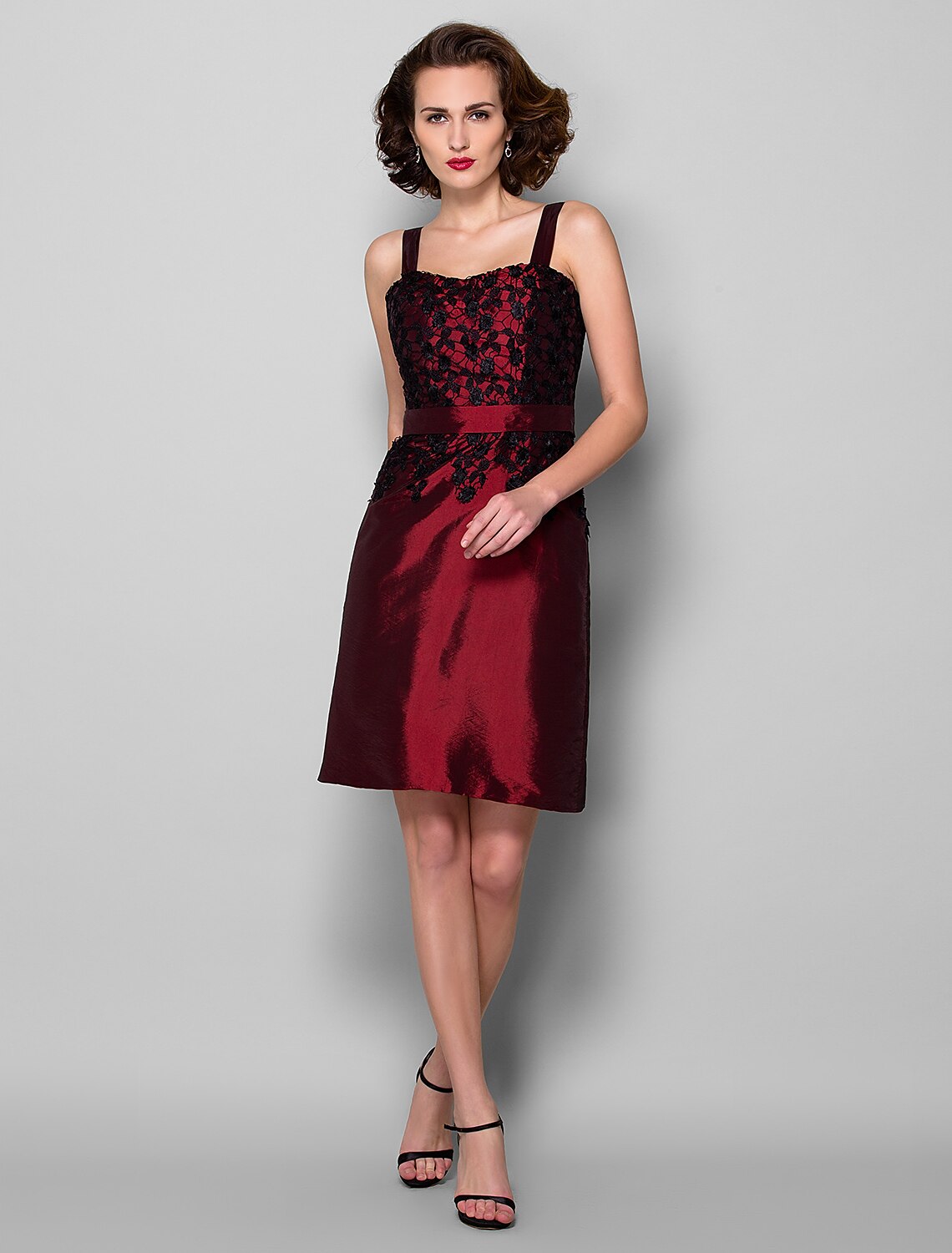 wholesale  Sheath / Column Mother of the Bride Dress Wrap Included Scoop Neck Knee Length Taffeta 3/4 Length Sleeve with Lace Sash / Ribbon