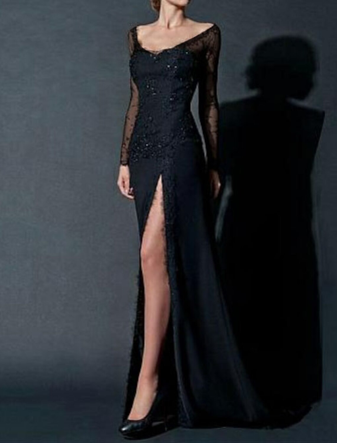 Wholesa Sheath Party Dress Sexy Engagement Formal Evening Dress Scoop Neck Long Sleeve Floor Length Chiffon with Beading Lace Insert Split Front
