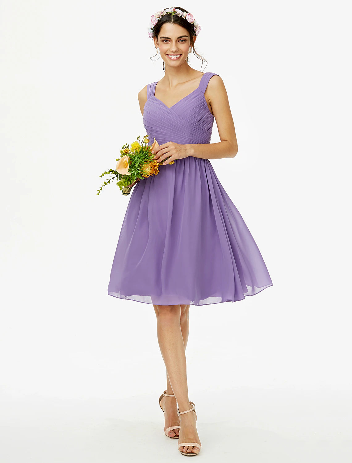 Wholesa  A-Line Bridesmaid Dress Straps Sleeveless Open Back Knee Length Chiffon with Sash / Ribbon / Bow(s) / Criss Cross