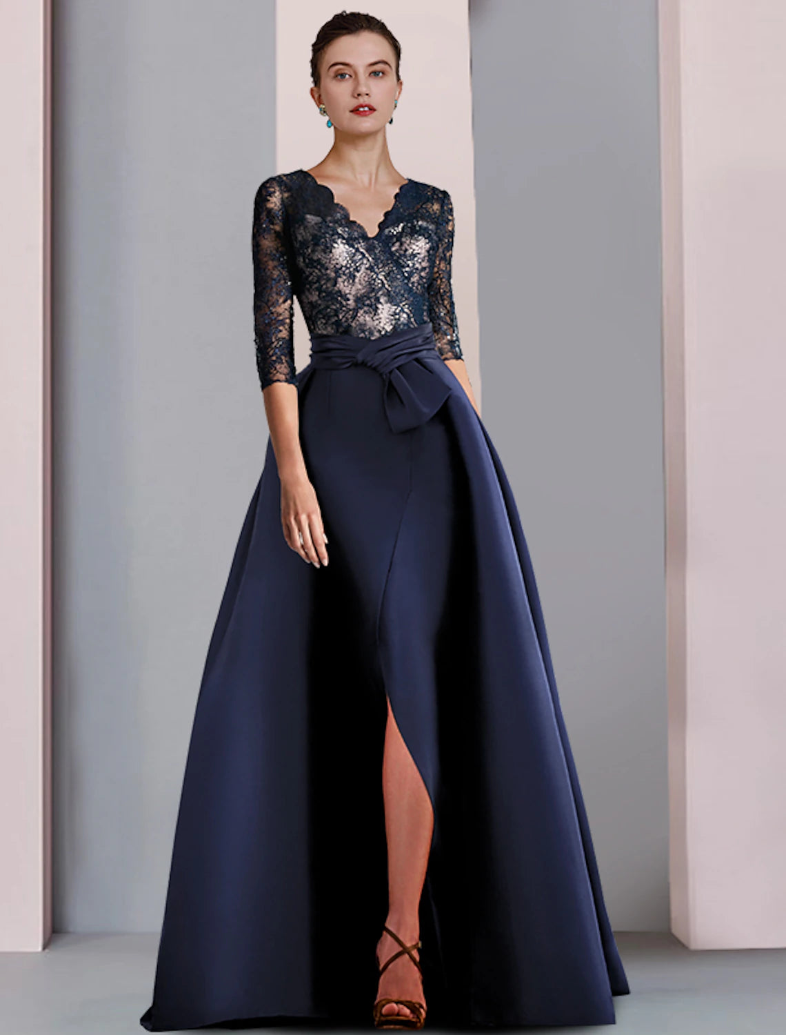 wholesale  A-Line Mother of the Bride Dress Formal Party Elegant V Neck Floor Length Satin Lace Half Sleeve with Bow(s) Pleats Split Front