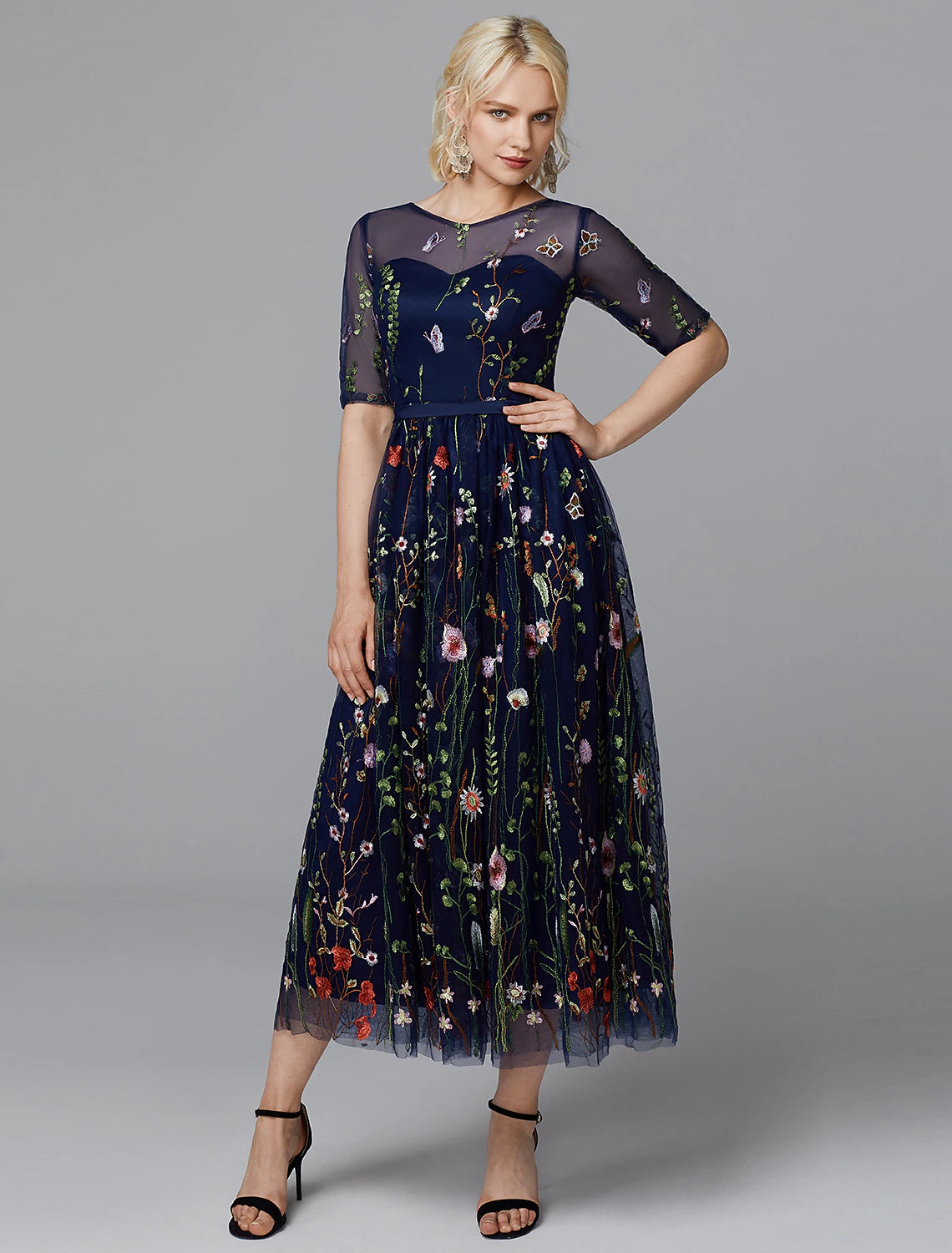 wholesale  A-Line Floral Dress Holiday Wedding Guest Tea Length Half Sleeve Illusion Neck Lace with Embroidery Appliques