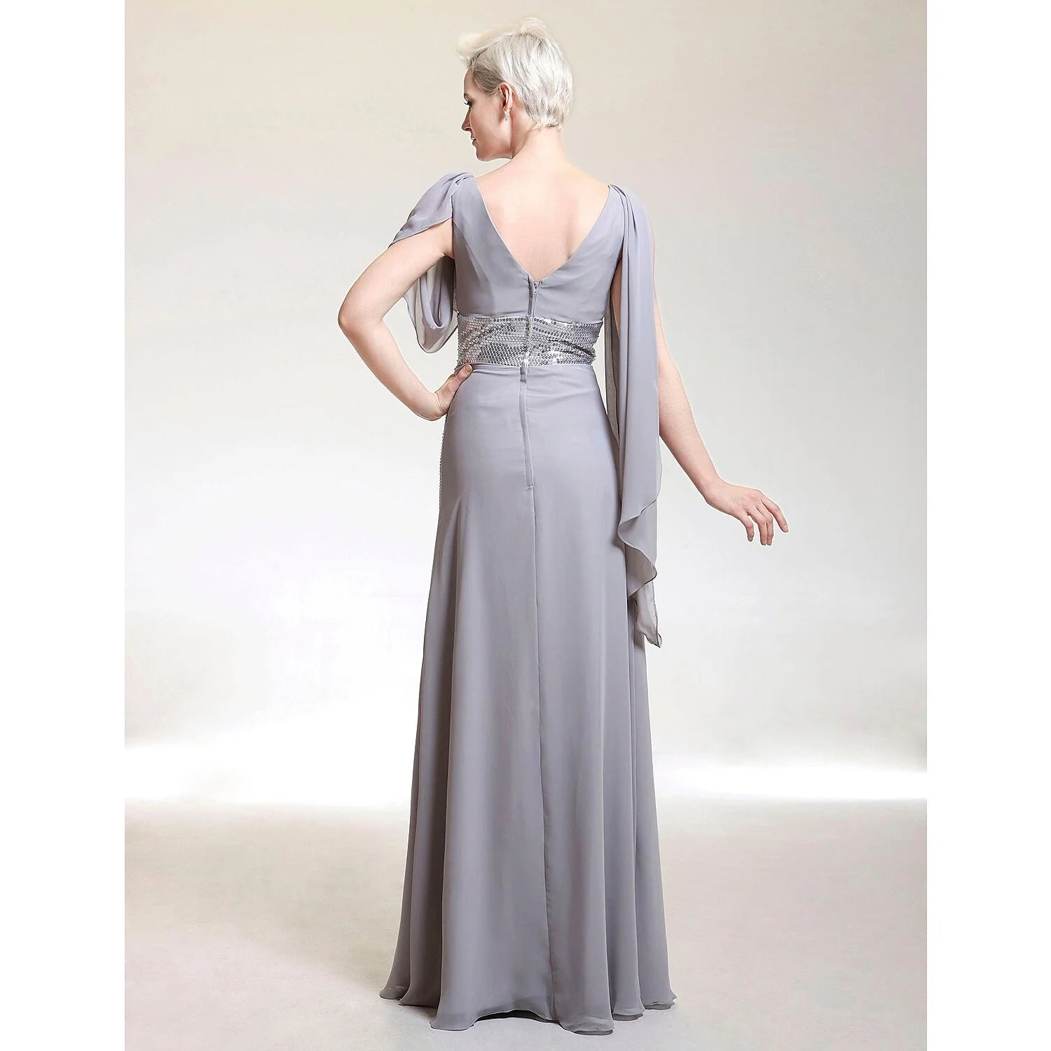 Wholesa Sheath / Column Celebrity Style Dress Formal Evening Floor Length Short Sleeve V Neck Chiffon with Criss Cross Beading