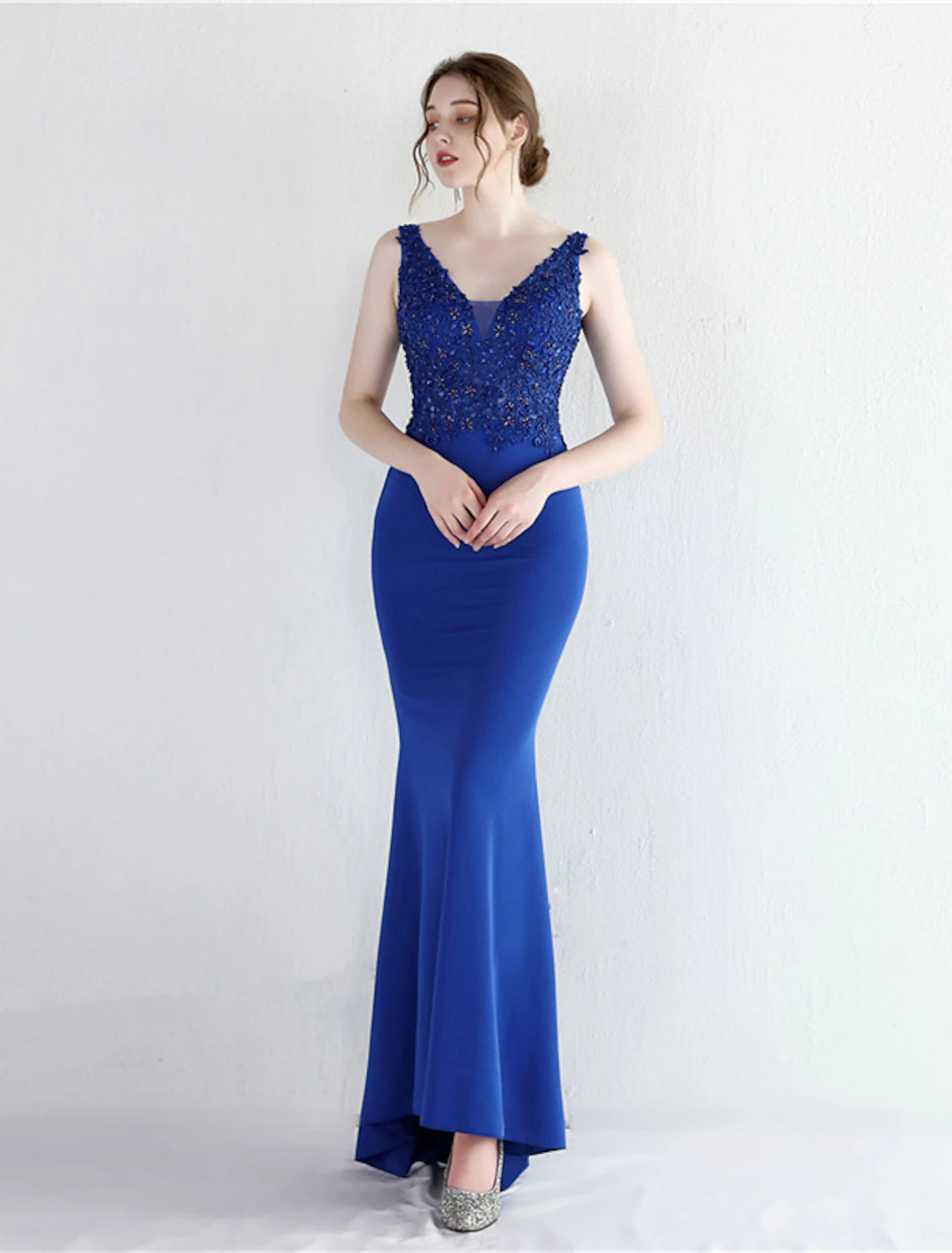 Wholesa Mermaid / Trumpet Evening Gown Open Back Dress Formal Wedding Guest Sweep / Brush Train Sleeveless V Neck Cotton Blend with Beading Appliques