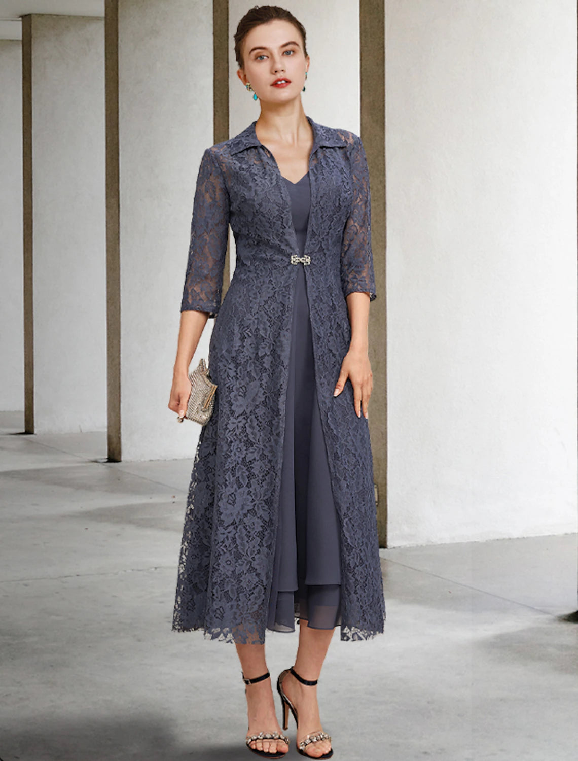 wholesale  A-Line Mother of the Bride Dress Elegant V Neck Tea Length Chiffon Lace Sleeveless Jacket Dresses with Tier Solid Color
