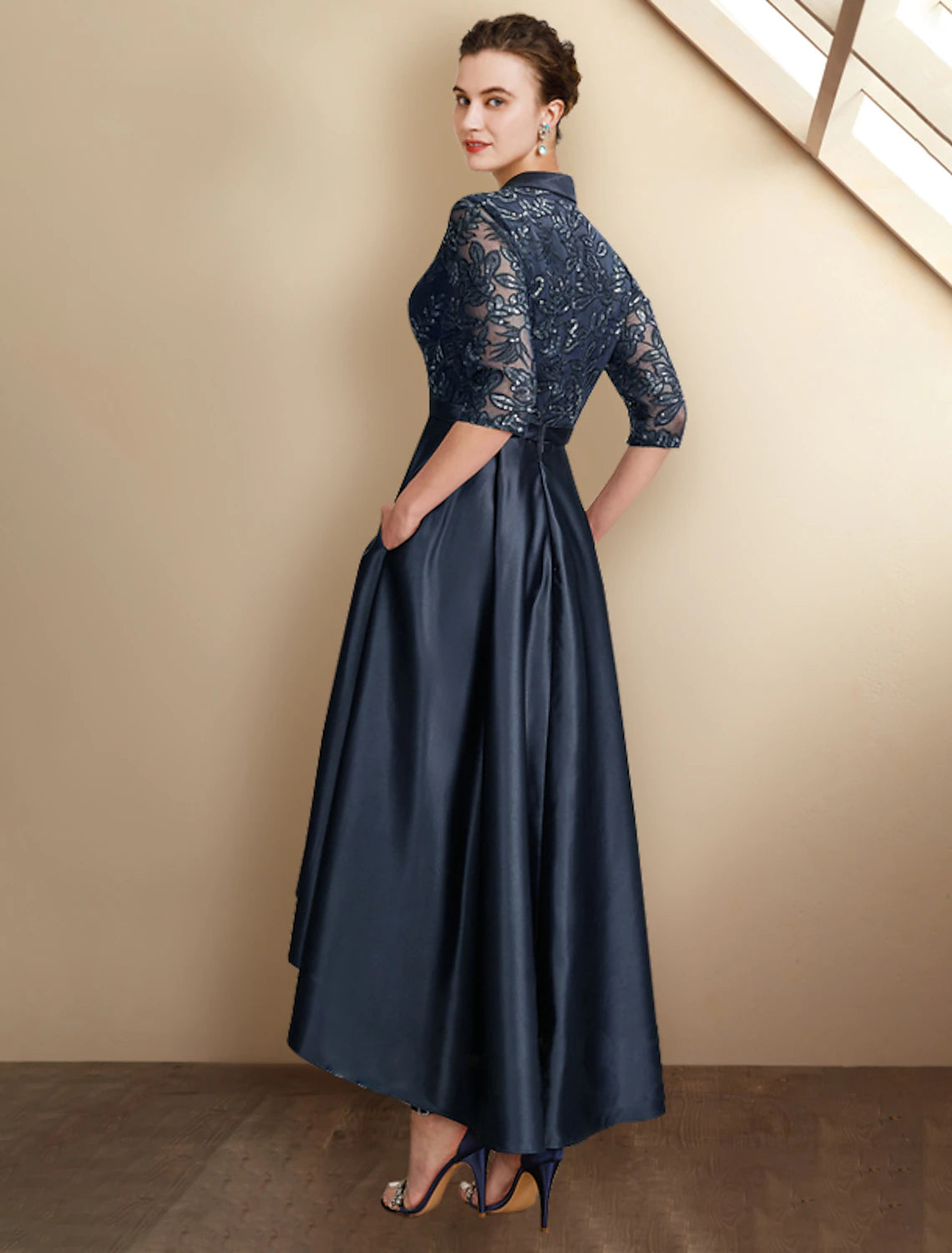 wholesale  A-Line Mother of the Bride Dress Plus Size Elegant High Low Shirt Collar Asymmetrical Tea Length Satin Lace Half Sleeve with Pleats Sequin Appliques