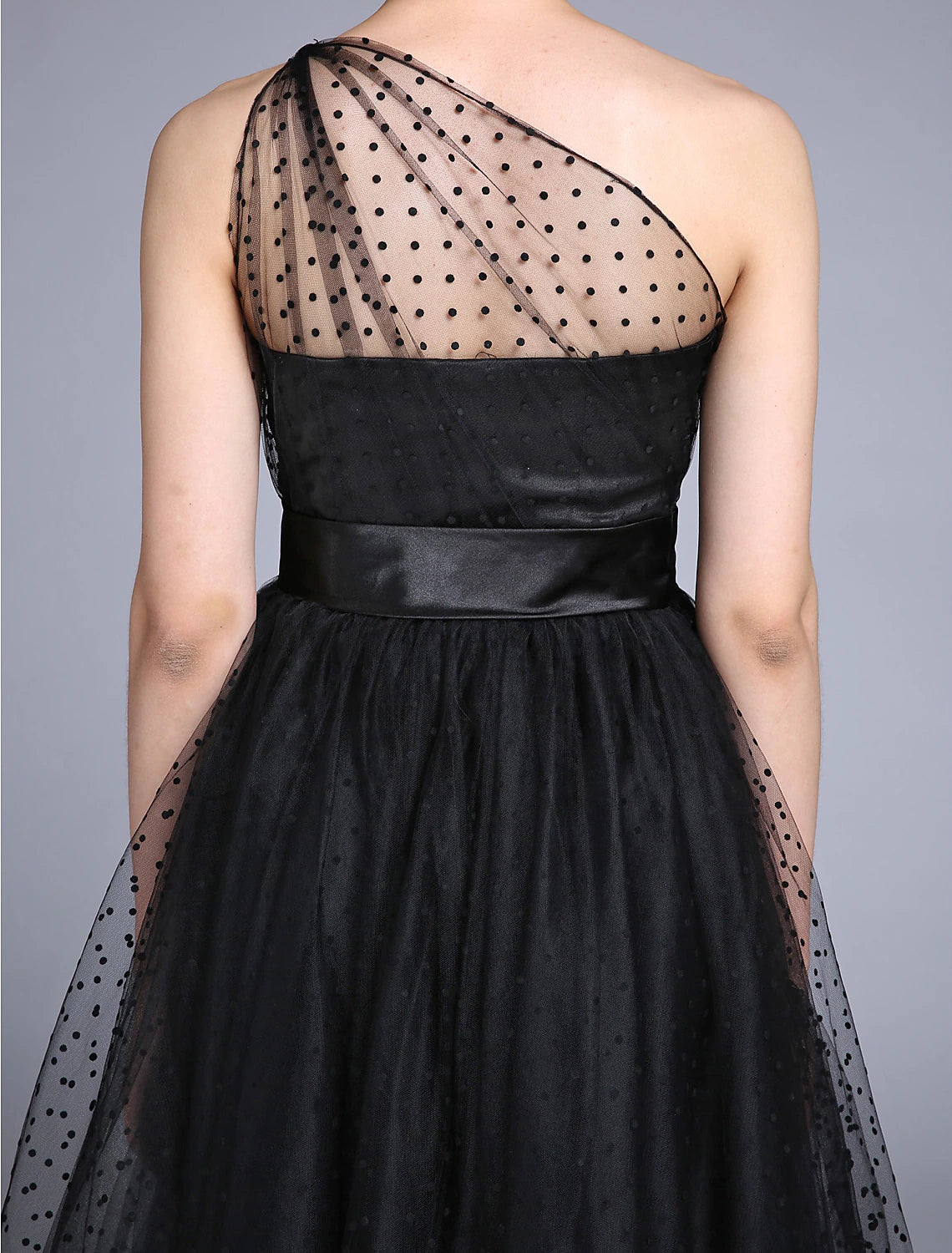 wholesale  A-Line Cocktail Black Dress Vintage Dress Halloween Ankle Length Sleeveless One Shoulder Wednesday Addams Family Tulle with Pleats Pattern / Print