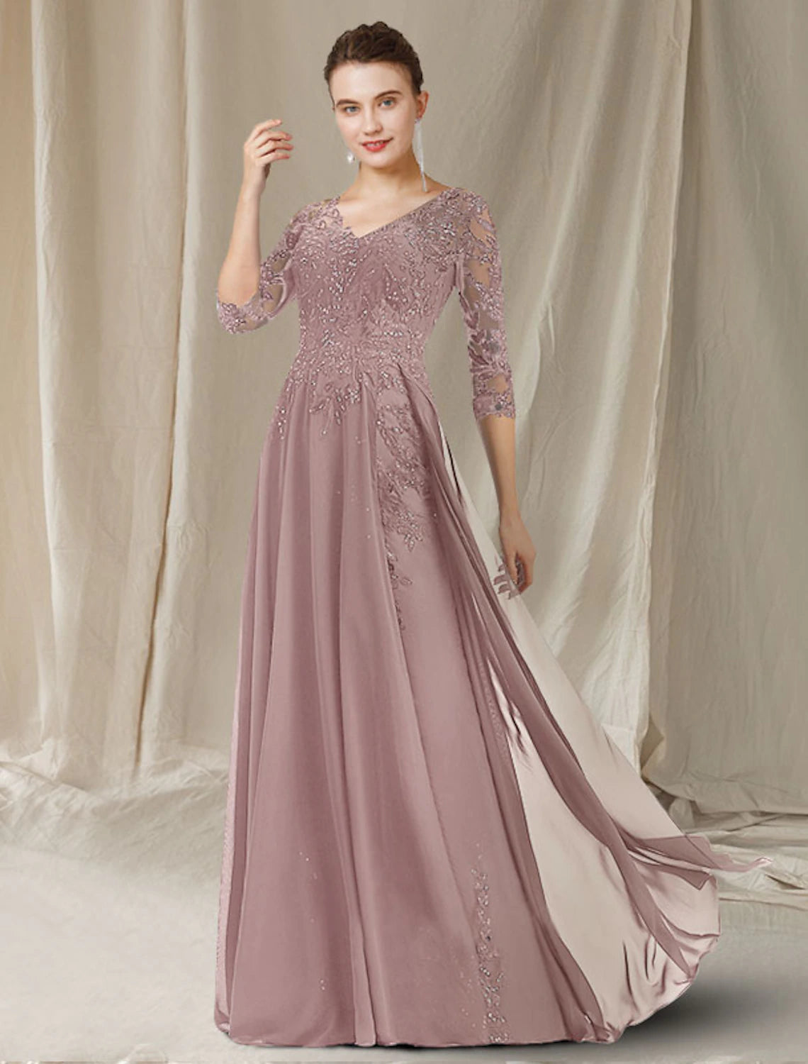 wholesale  A-Line Mother of the Bride Dress Elegant V Neck Floor Length Chiffon Lace Sequined Half Sleeve with Sequin Appliques
