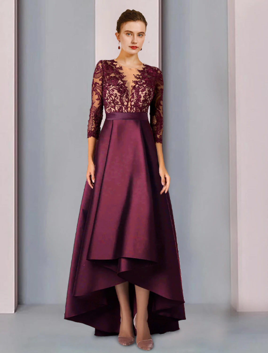 wholesale  A-Line Mother of the Bride Dress Formal Church Elegant High Low Scoop Neck Asymmetrical Tea Length Satin Lace 3/4 Length Sleeve with Appliques