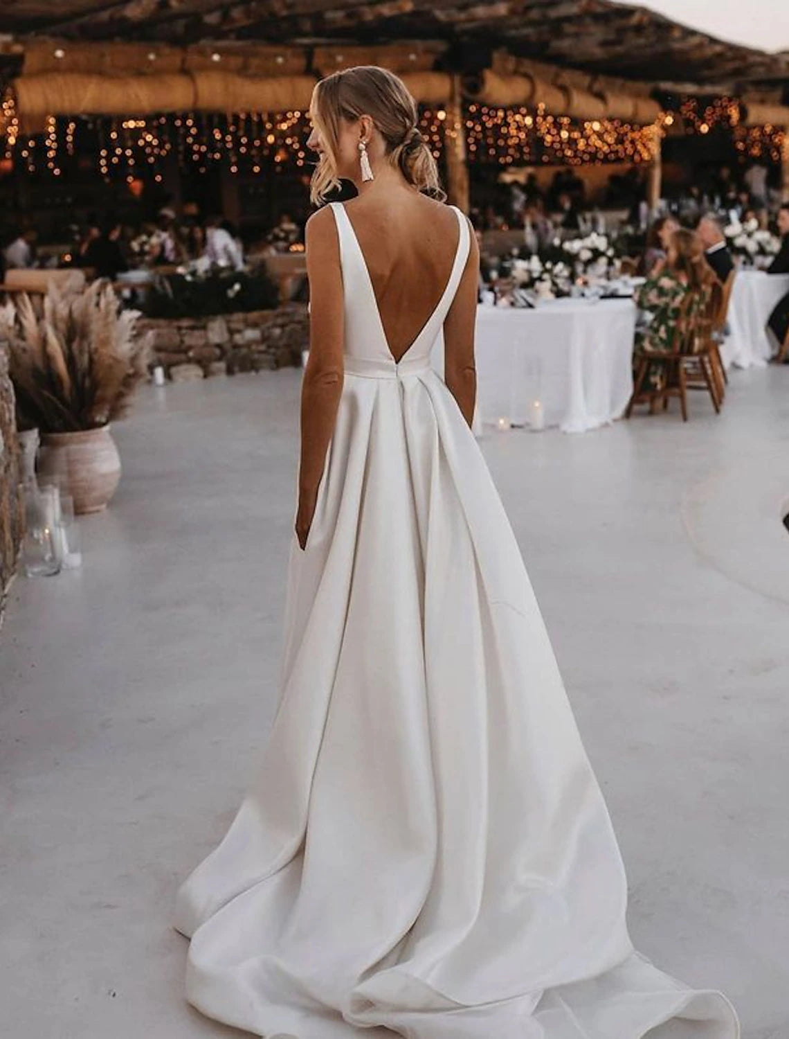 wholesale   Beach Casual Wedding Dresses A-Line V Neck Sleeveless Court Train Satin Bridal Gowns With Sashes / Ribbons Sash / Ribbon