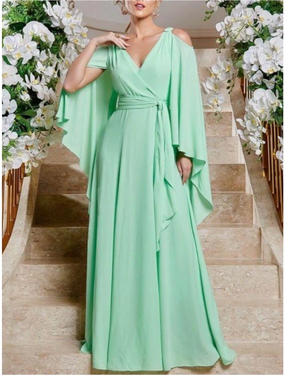 Wholesa Sheath / Column Wedding Guest Dresses Elegant Dress Wedding Guest Floor Length Long Sleeve V Neck Chiffon with Pleats Ruffles