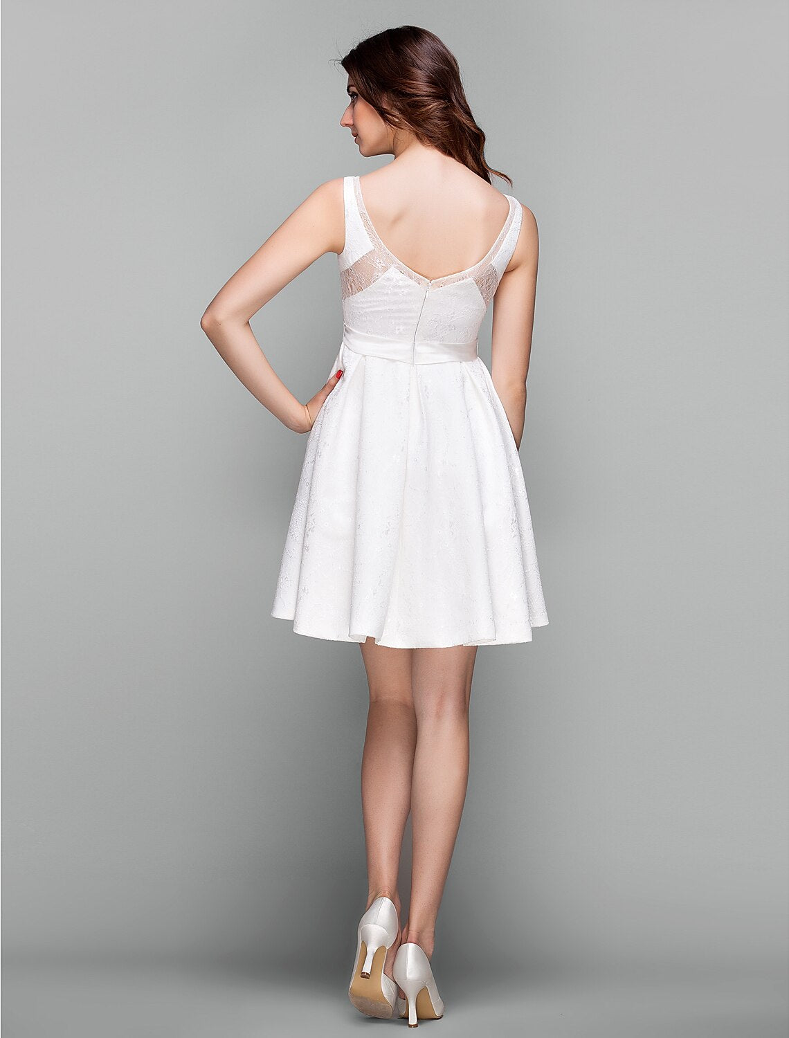 wholesale  A-Line Fit & Flare Cute Dress Holiday Homecoming Short / Mini Sleeveless V Neck Lace with Sash / Ribbon