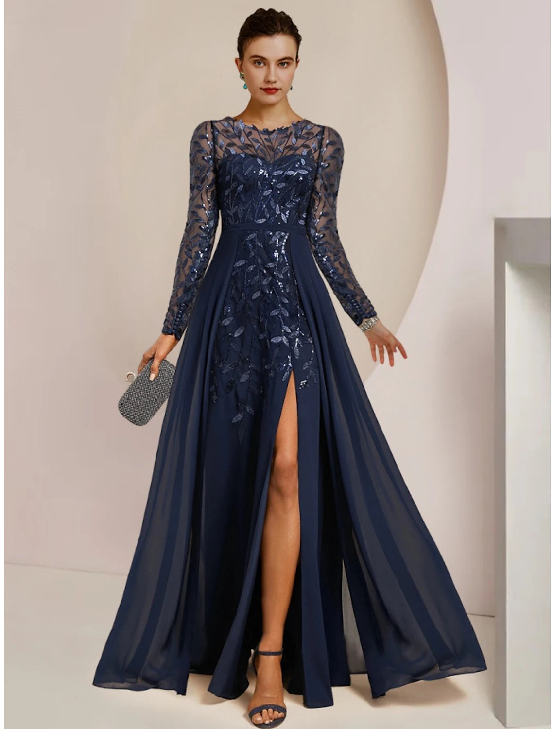 Wholesa  A-Line Mother of the Bride Dress Wedding Guest Elegant Jewel Neck Floor Length Chiffon Lace Sequined Long Sleeve with Split Front Ruching Solid Color
