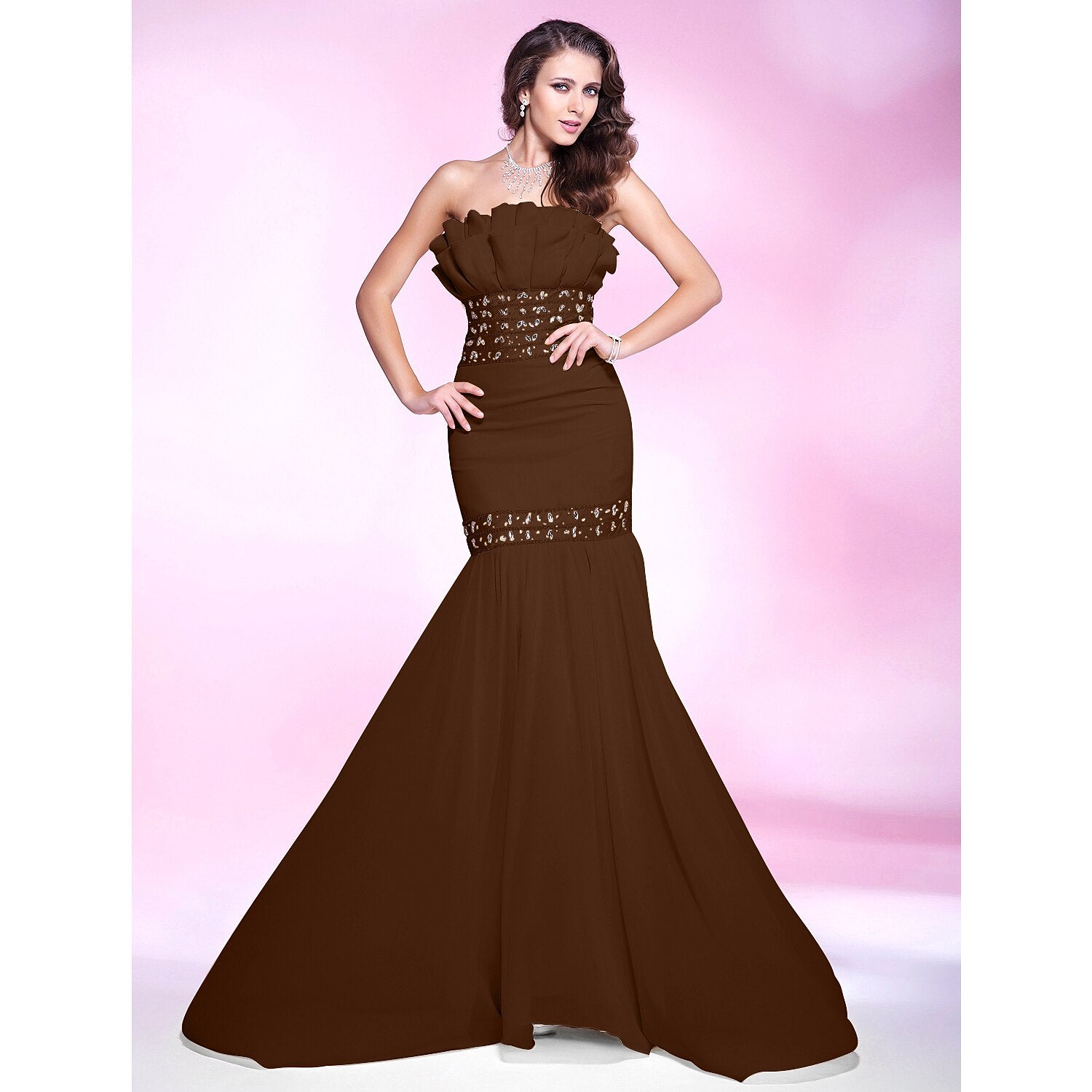 Wholesa Mermaid / Trumpet Elegant Engagement Formal Evening Dress Strapless Sleeveless Sweep / Brush Train Chiffon with Beading Ruffles